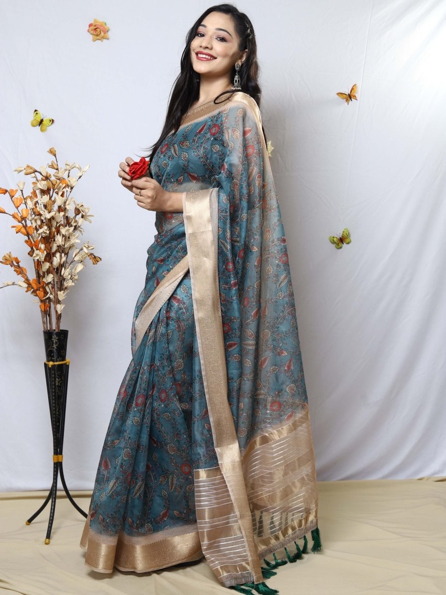 Casper Blue Organza Kalamkari Printed with Sequins Jacquard Woven Saree