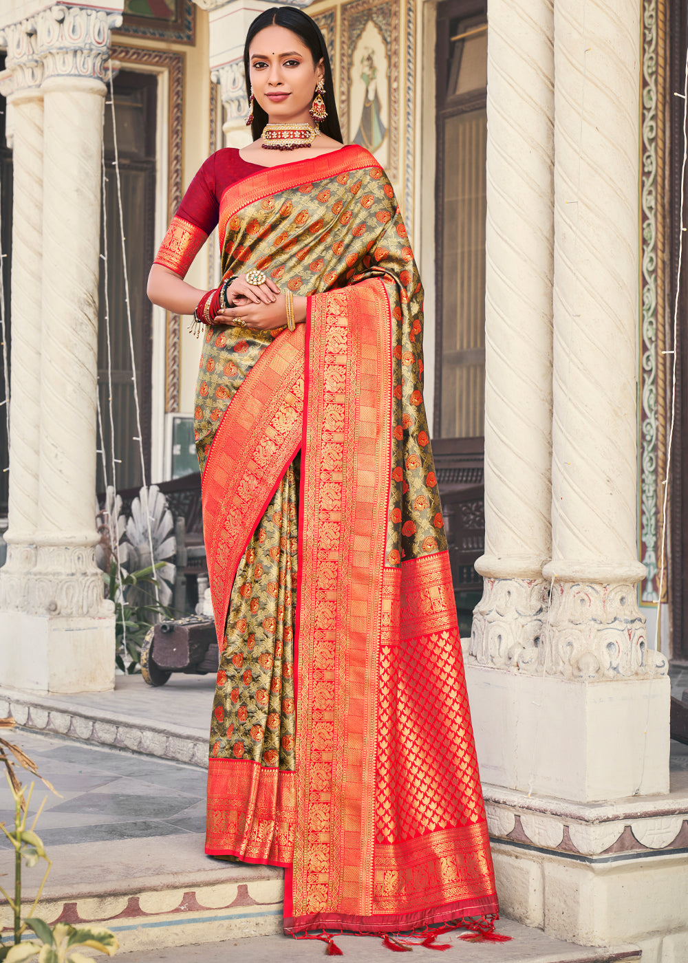 Brandy Grey and Red Woven Kanjivaram Silk Saree