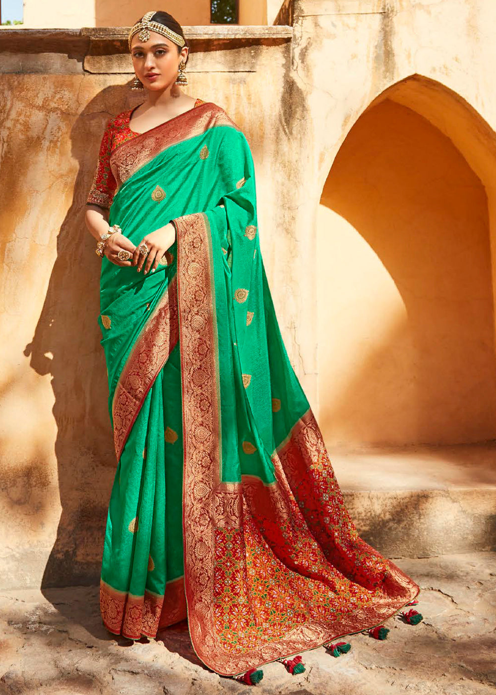 Caribbean Green Woven Patola Designer Silk Saree