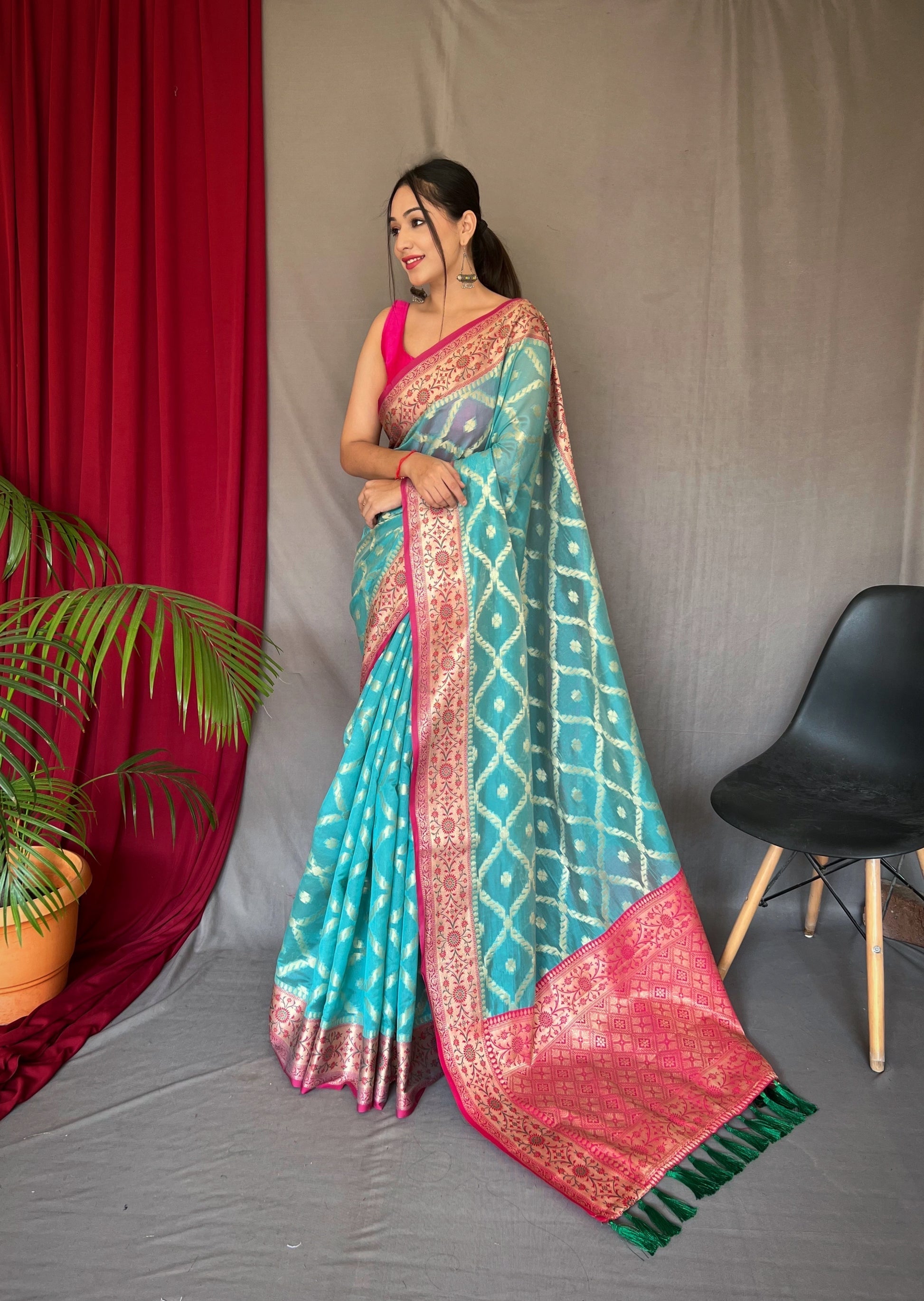 Cruise Blue Woven Banarasi Organza Silk Saree