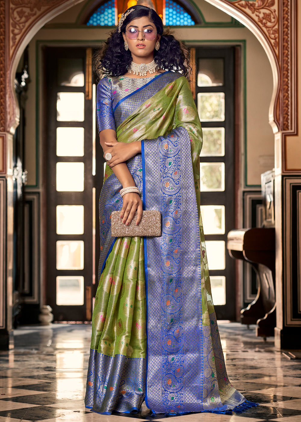 Crete Green and Blue Woven Banarasi Organza Silk Saree