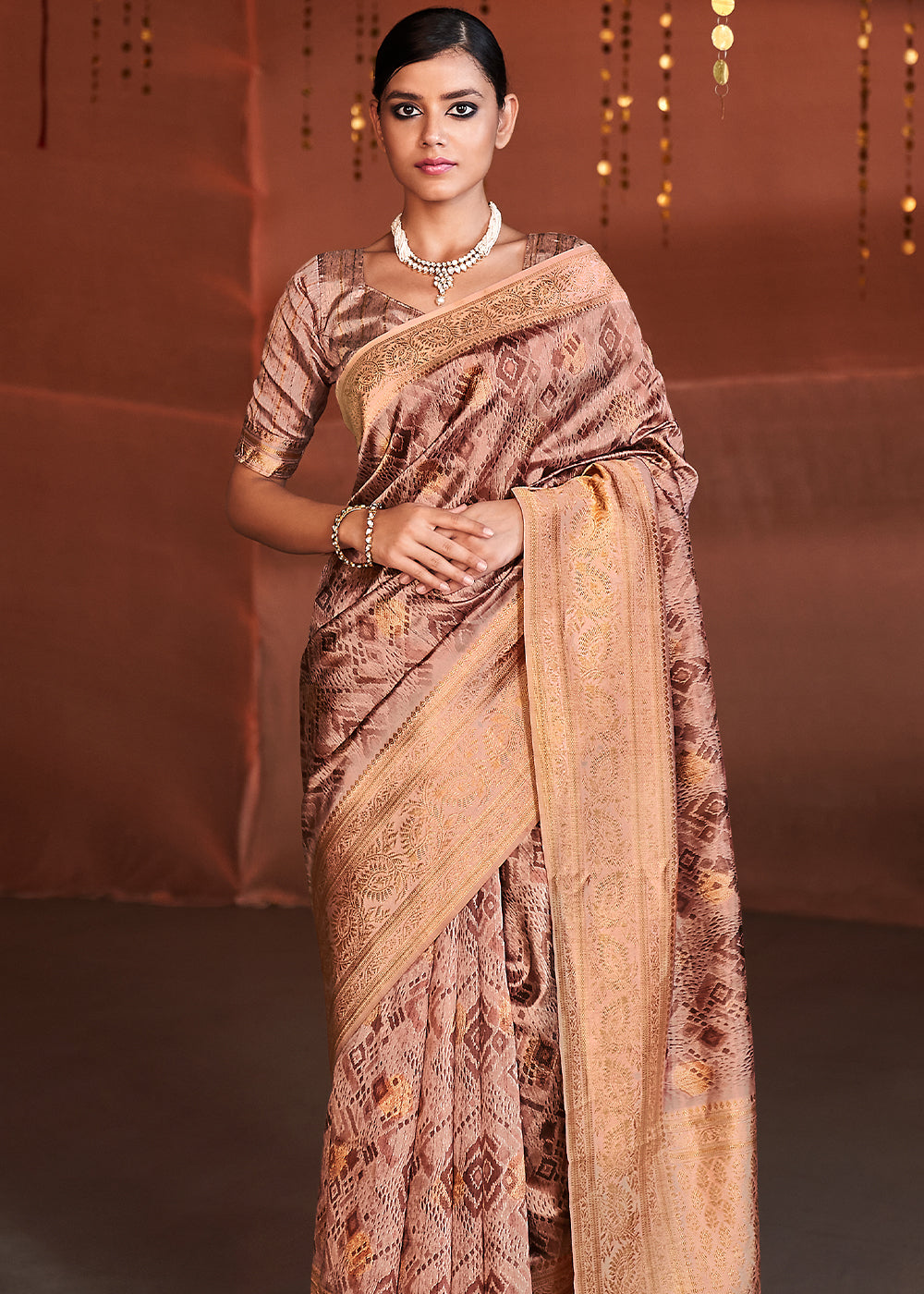 Antique Brown Banarasi Woven Printed Silk Saree