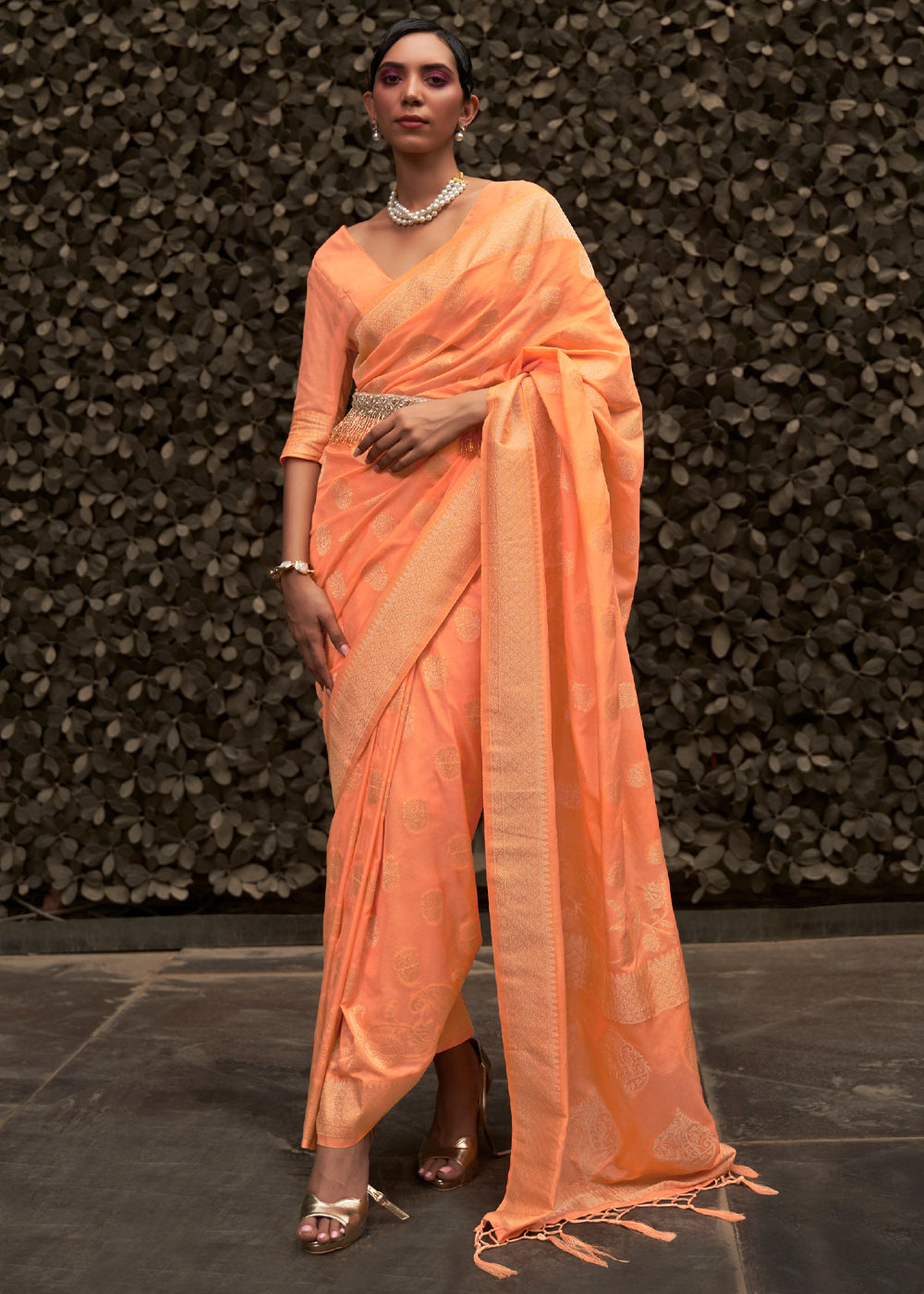 Atomic Orange Woven Banarasi Chiffon Saree