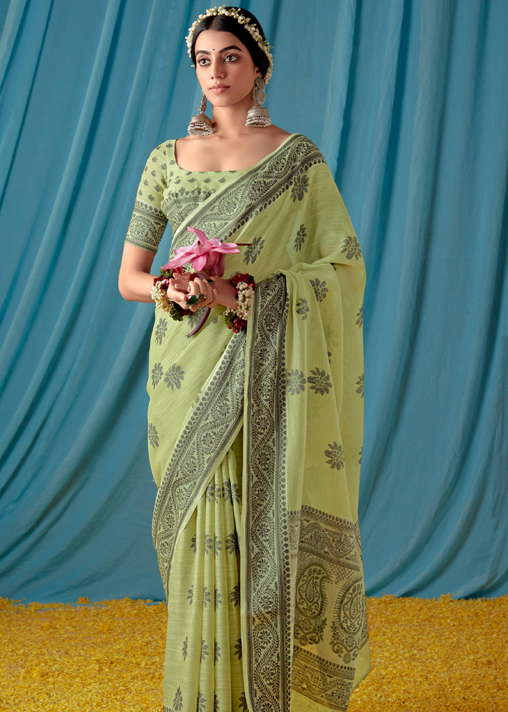 Barley Corn Green Woven Banarasi Linen Silk Saree