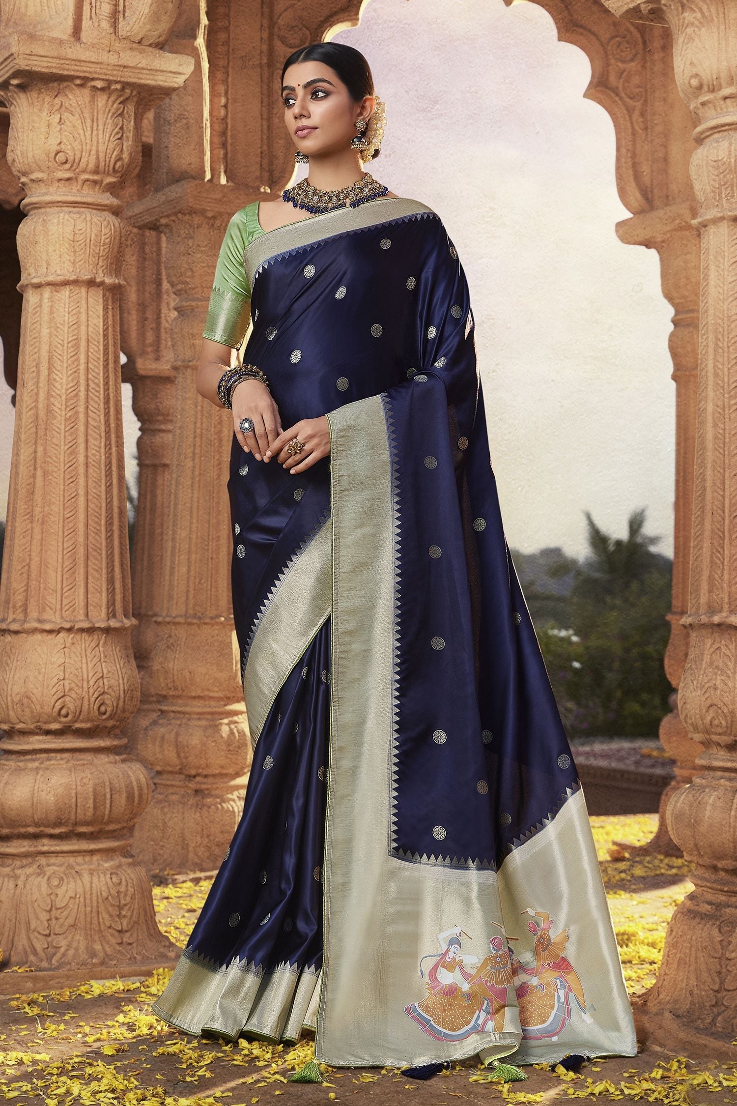 Mulled Wine Blue Designer Banarasi Satin Silk Saree