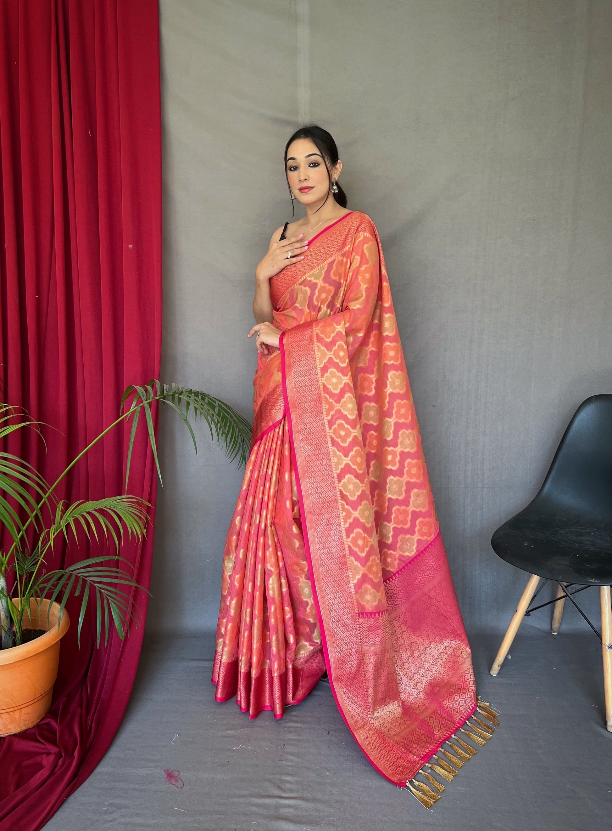 Geraldine Pink Woven Organza Silk Saree