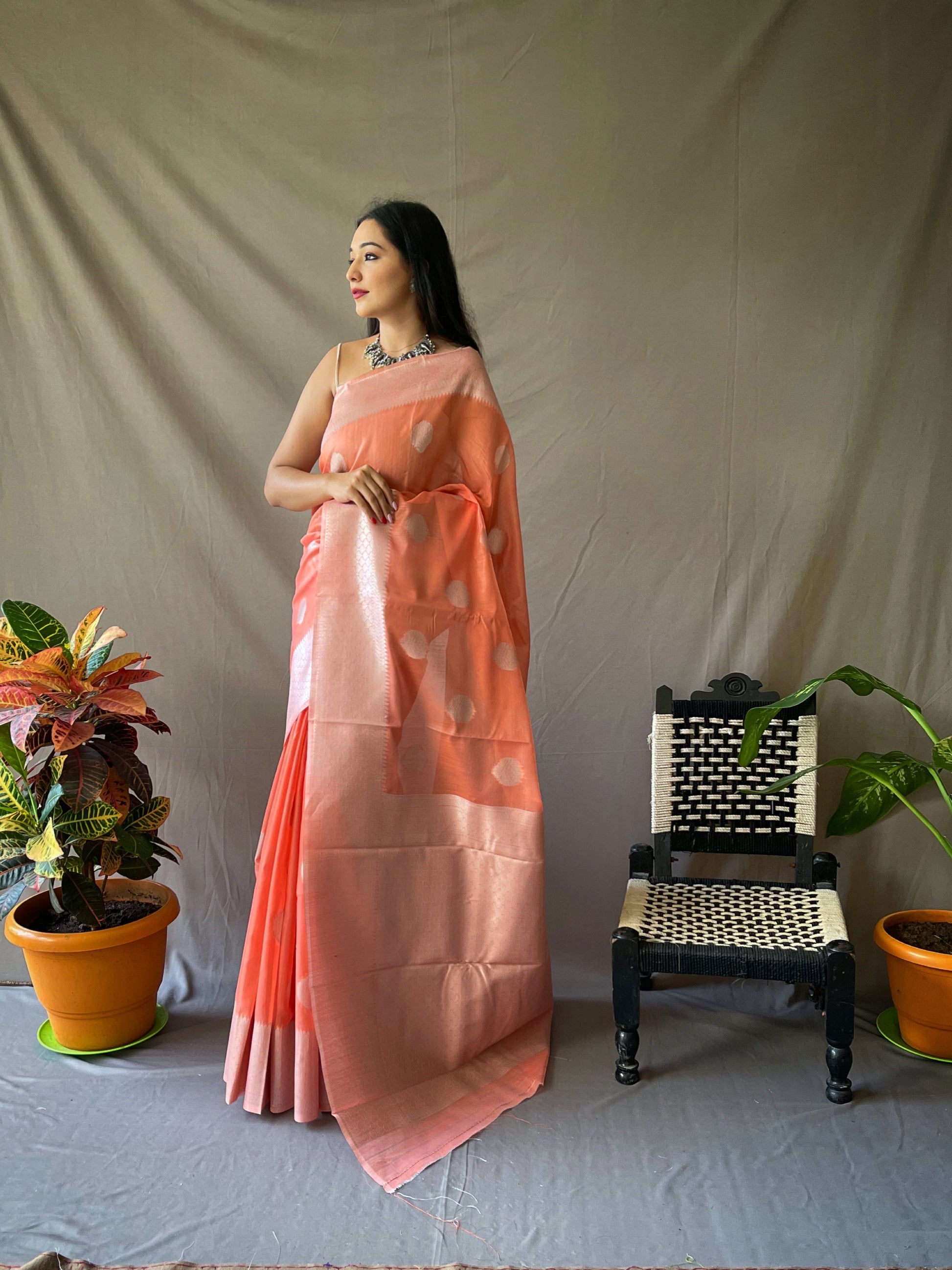 Rose Bud Peach Linen Silver Zari Woven Saree