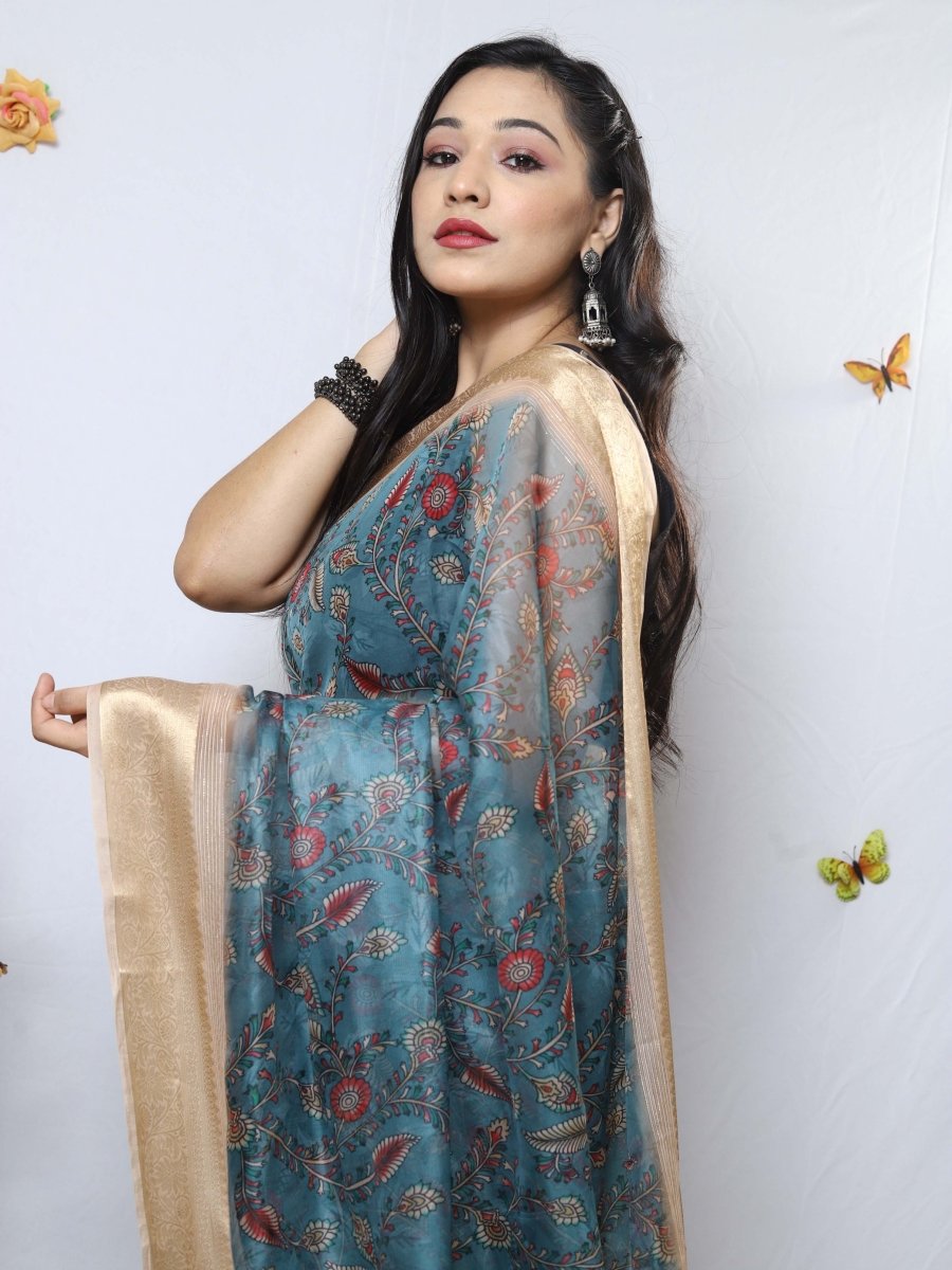 Casper Blue Organza Kalamkari Printed with Sequins Jacquard Woven Saree