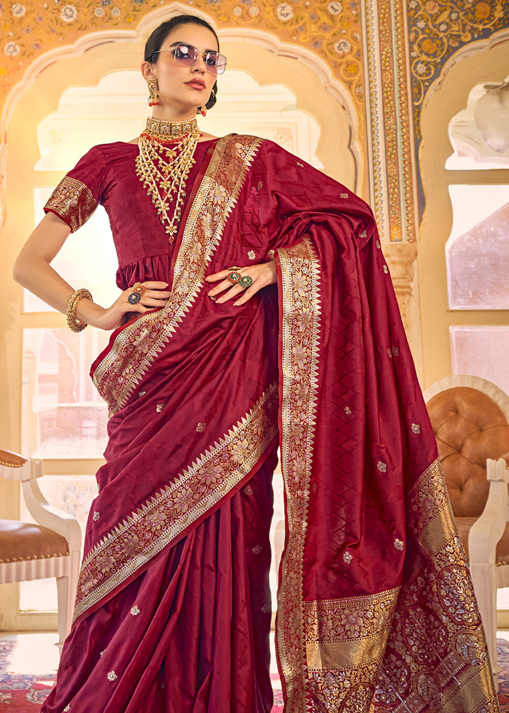 Claret Maroon Woven Banarasi Satin Silk Saree