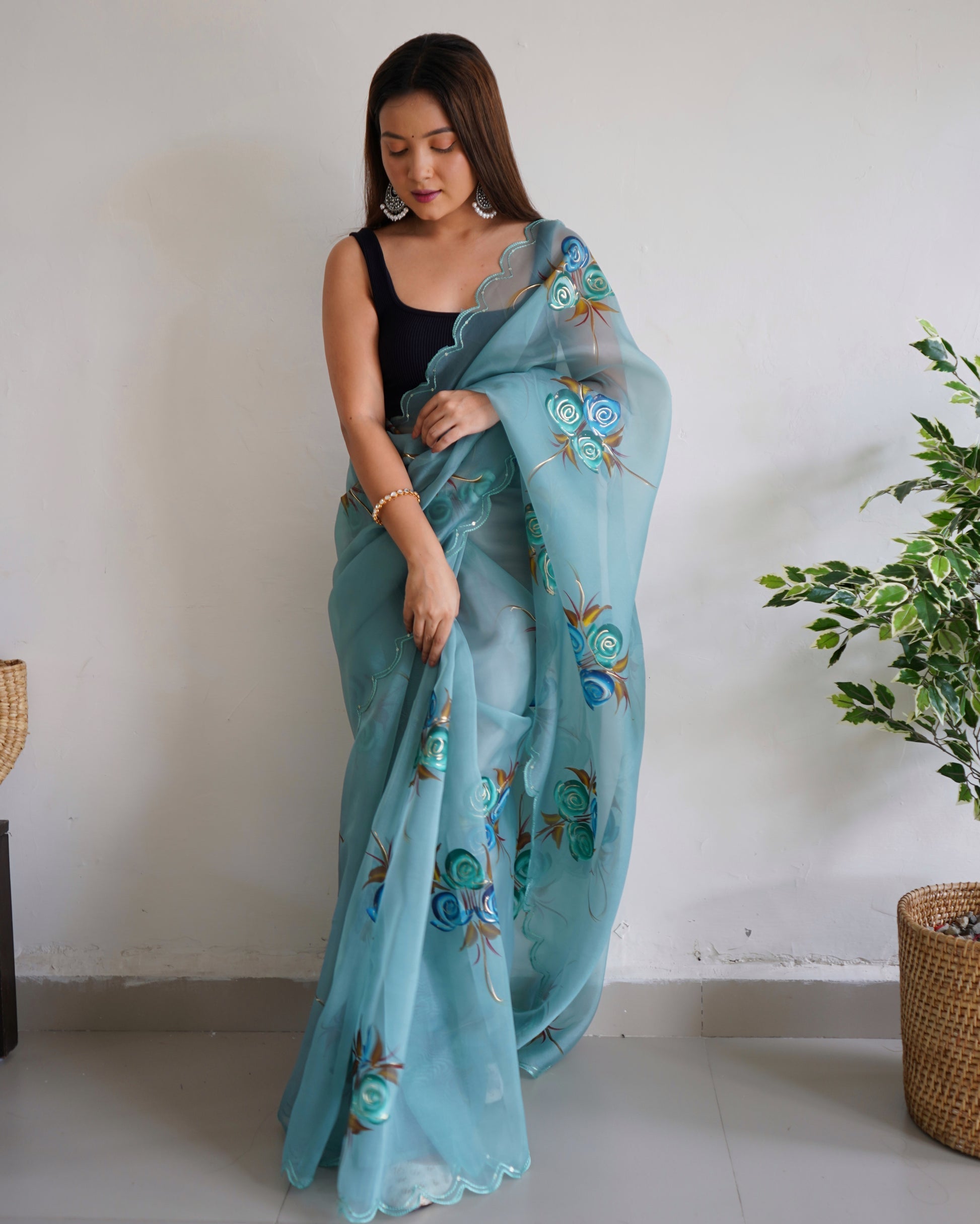 Glacie Blue Organza Printed Floral Saree