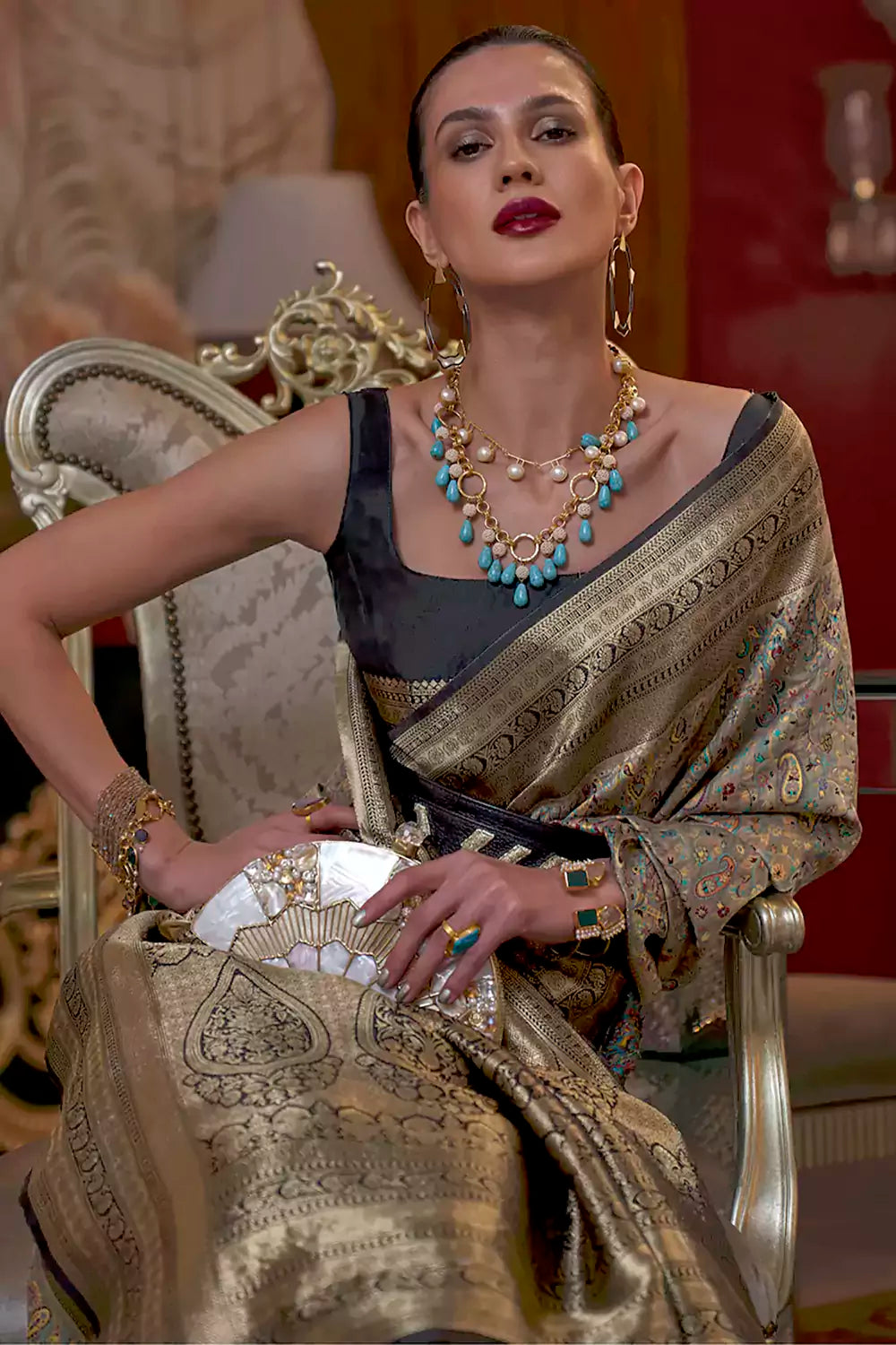 Smoke grey and Golden Kashmiri Jamewar Silk Saree