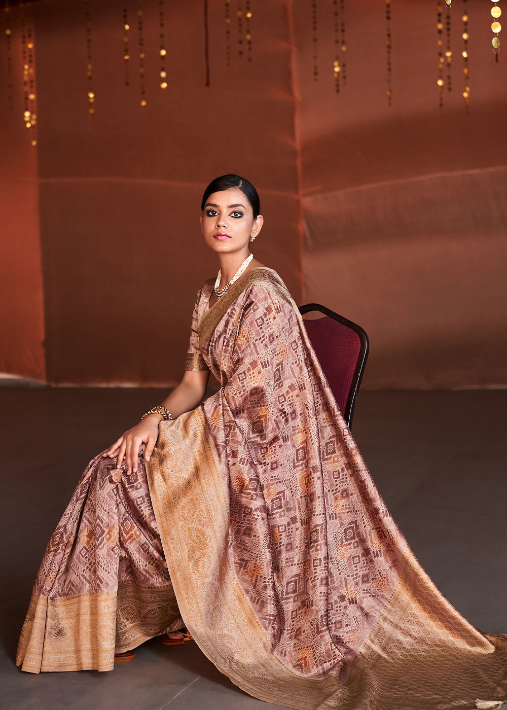 Antique Brown Banarasi Woven Printed Silk Saree