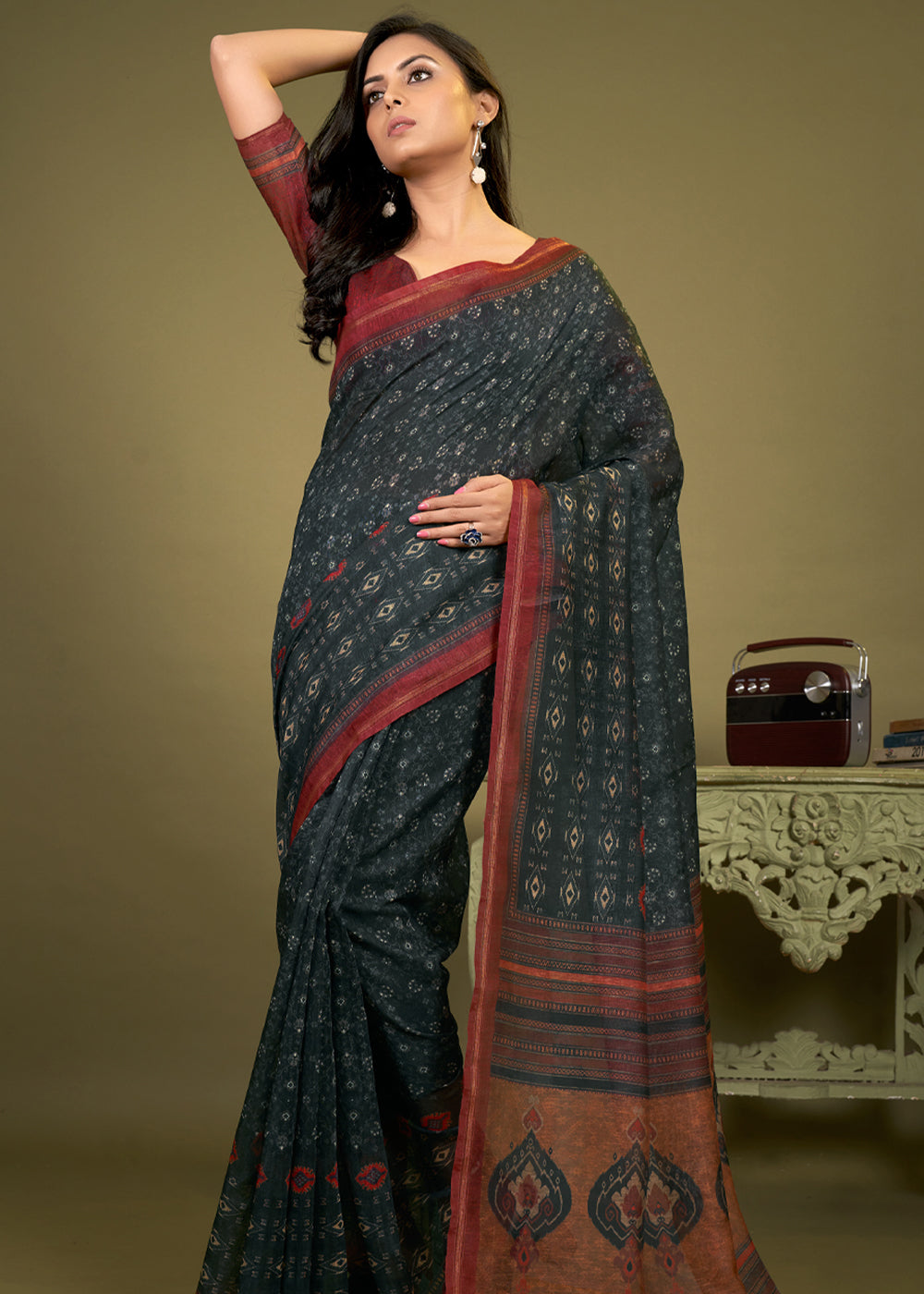 Heavy Metal Black Cotton Patola Printed Silk Saree