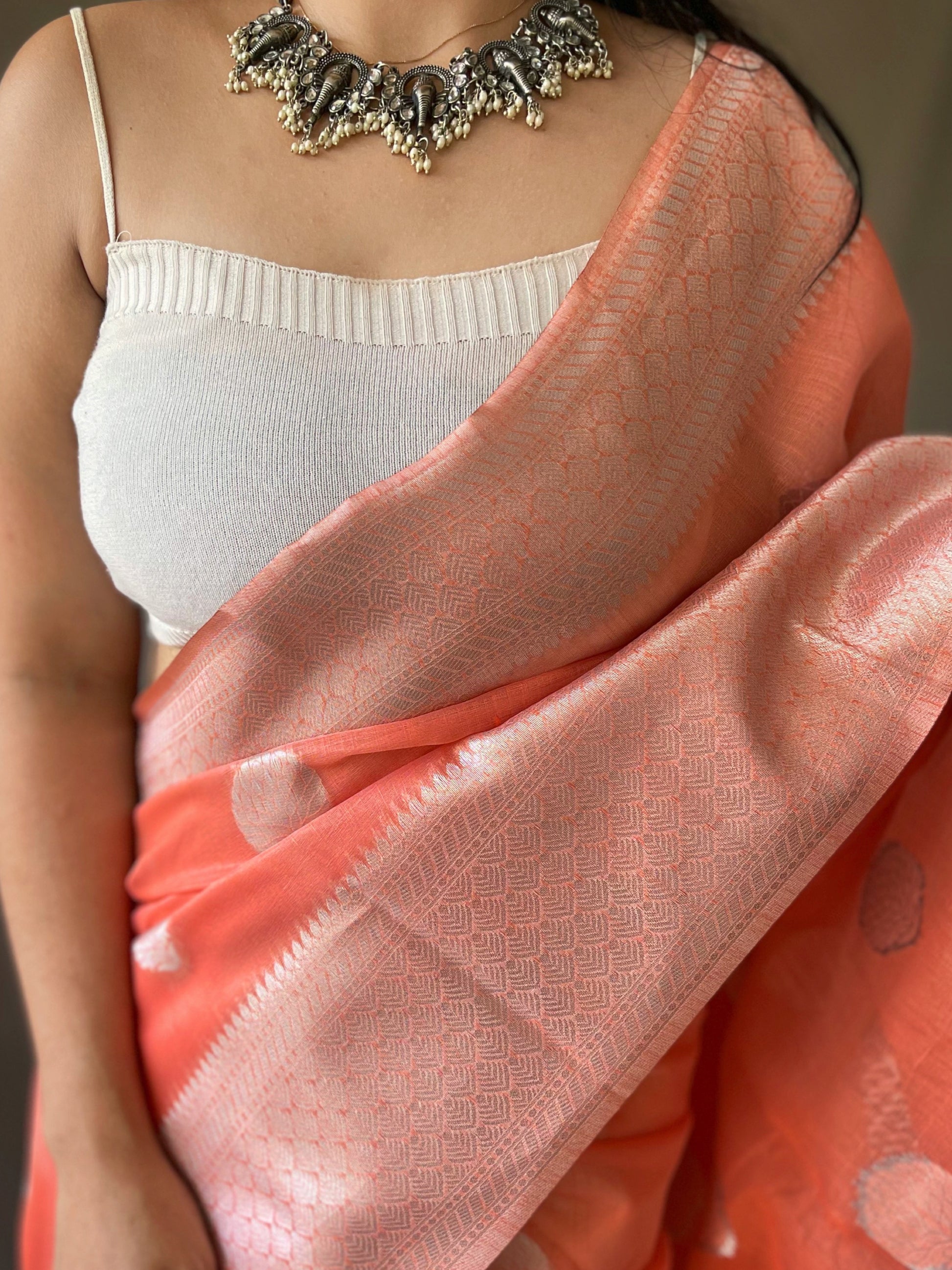 Rose Bud Peach Linen Silver Zari Woven Saree