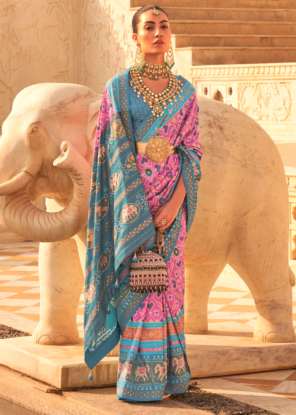 Ruby Purple and Blue Woven Patola Silk Saree