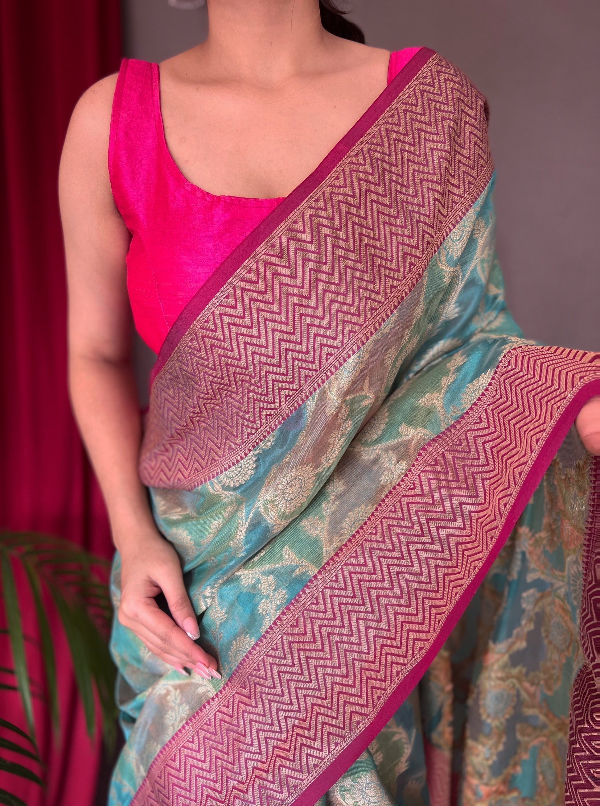 Steel Teal Blue Woven Organza Silk Saree