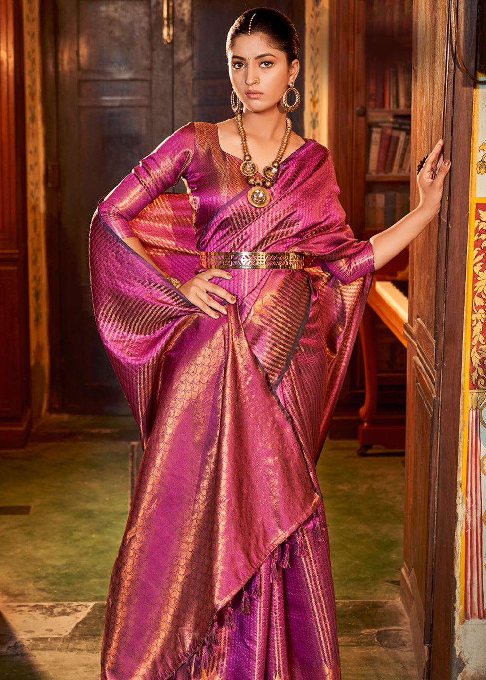 Cinnamon Satin Pink Zari Woven Kanjivaram Silk Saree