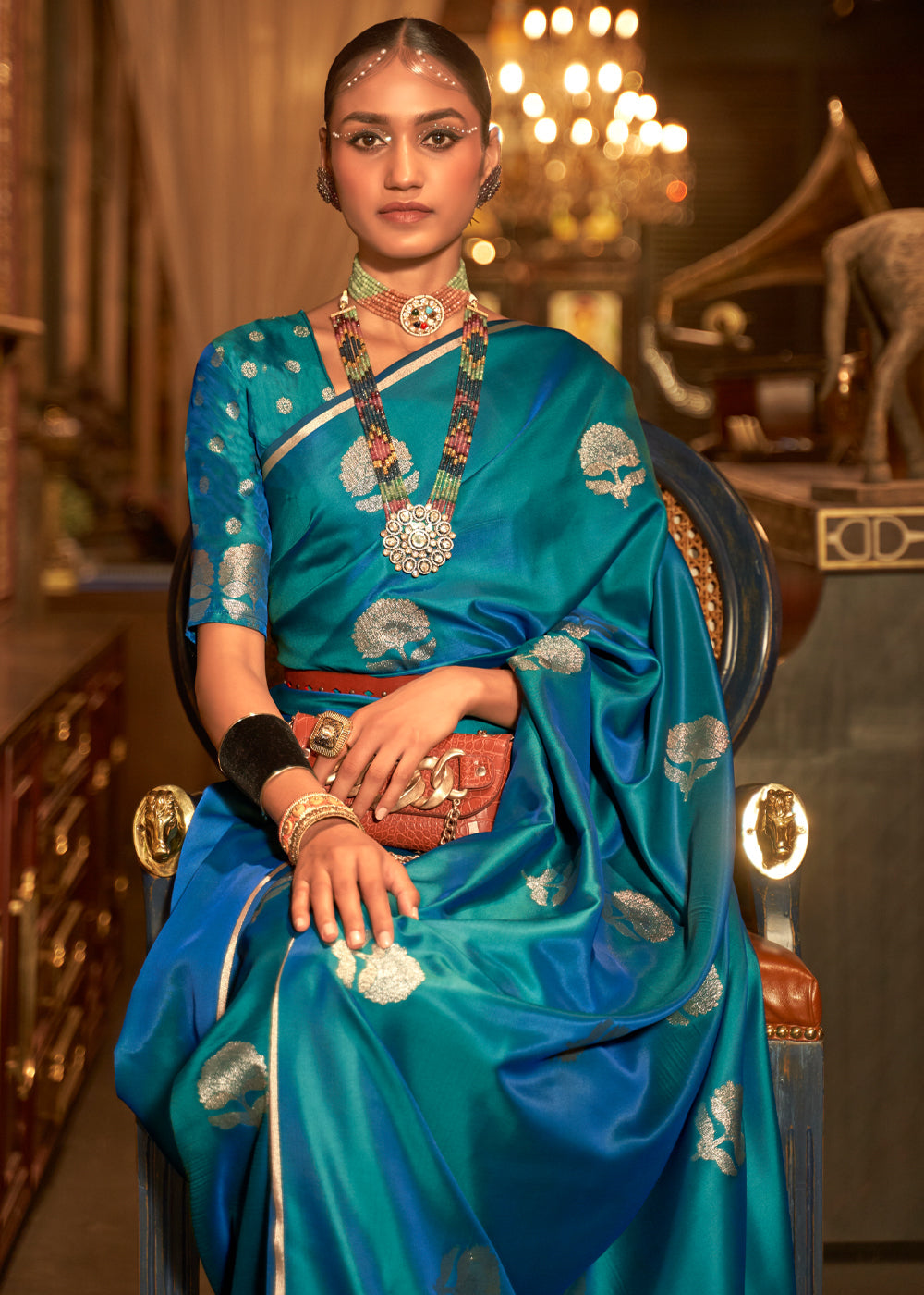 Wedgewood Blue Woven Banarasi Satin Silk Saree