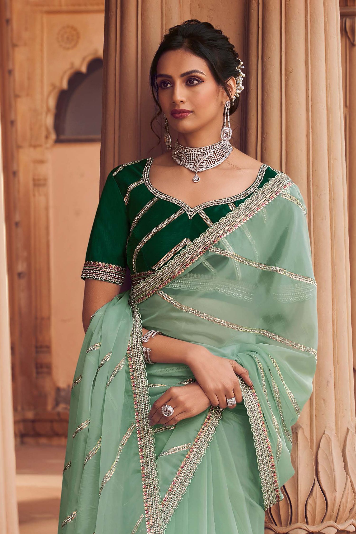 Summer Green Organza Silk with Embroidered Designer Saree