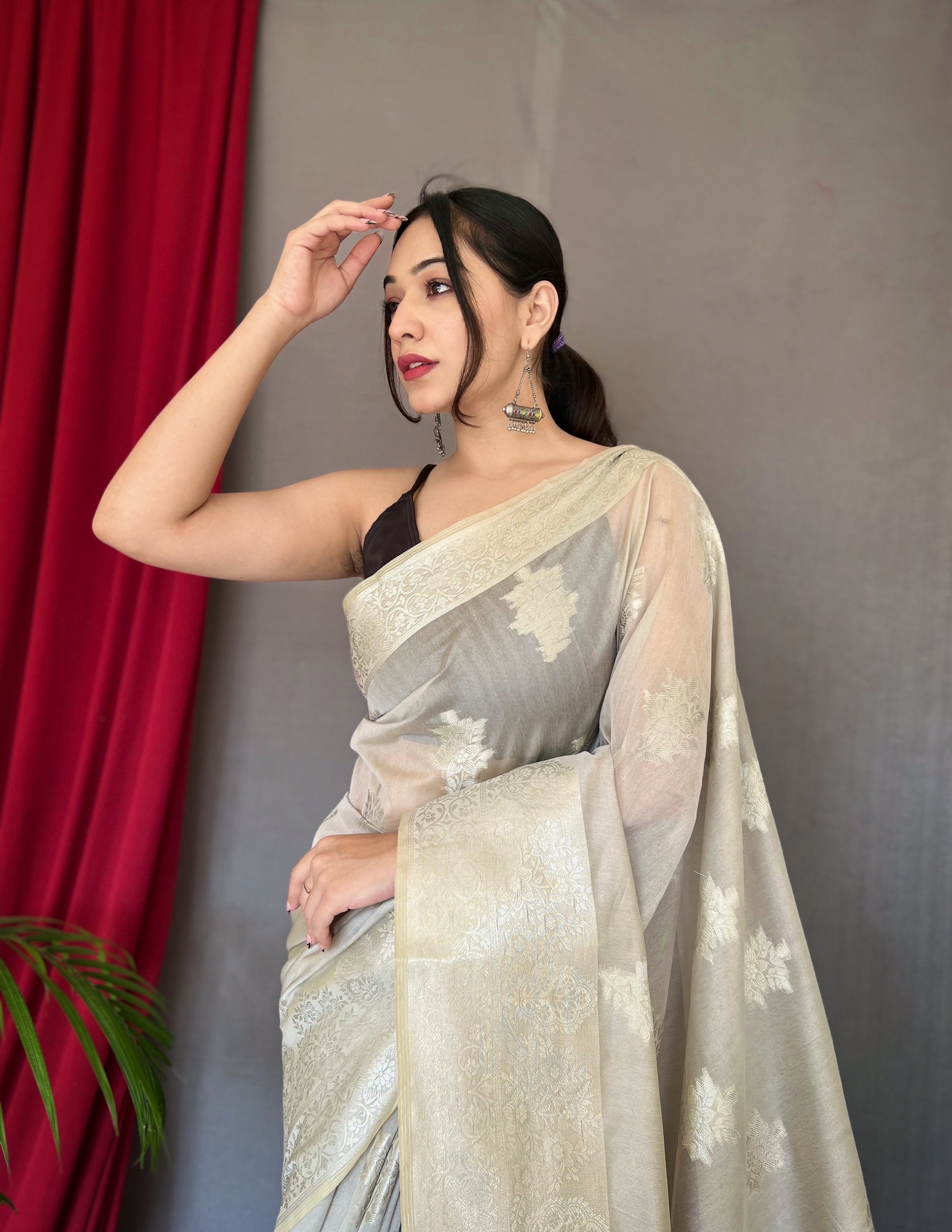 Grey Olive Gold Woven Cotton Saree