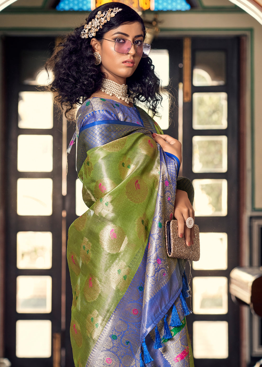 Crete Green and Blue Woven Banarasi Organza Silk Saree