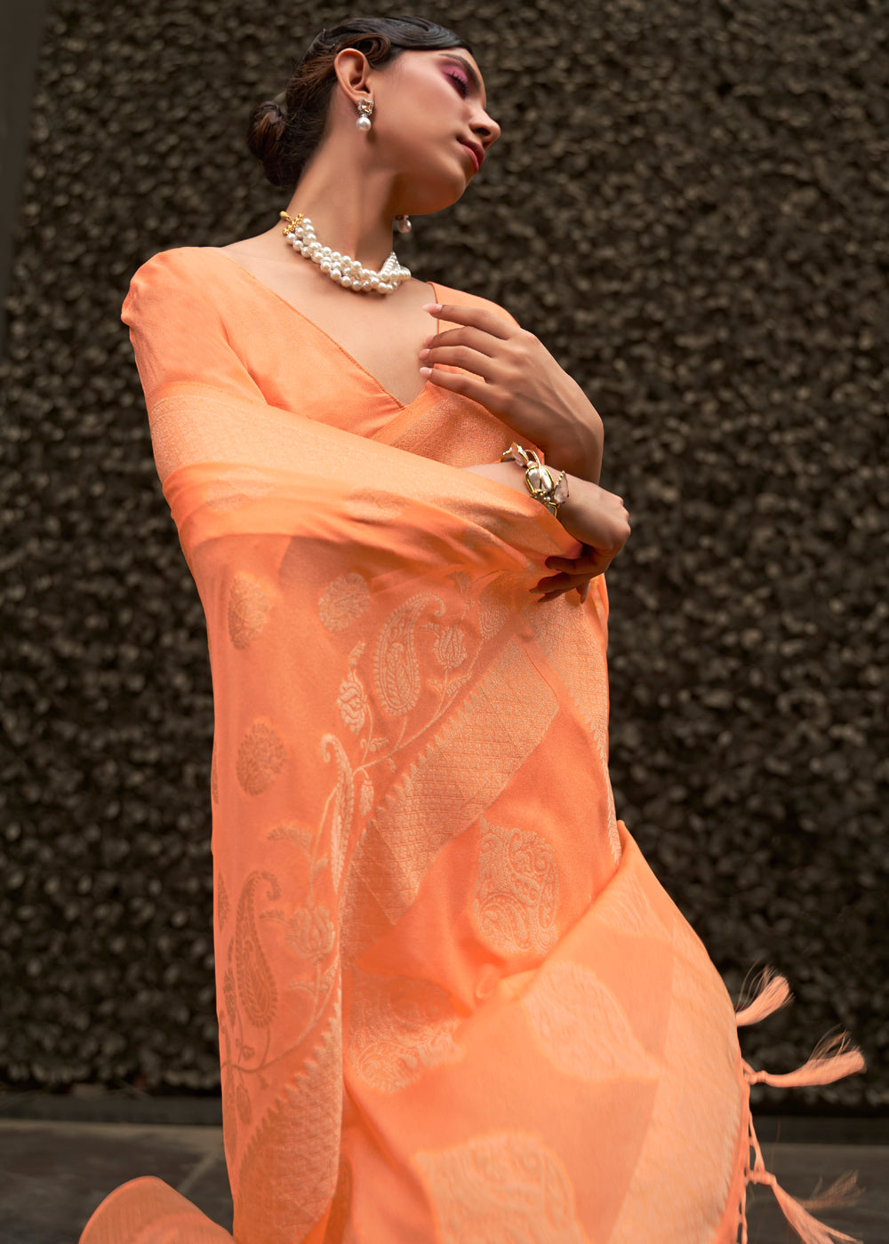 Atomic Orange Woven Banarasi Chiffon Saree