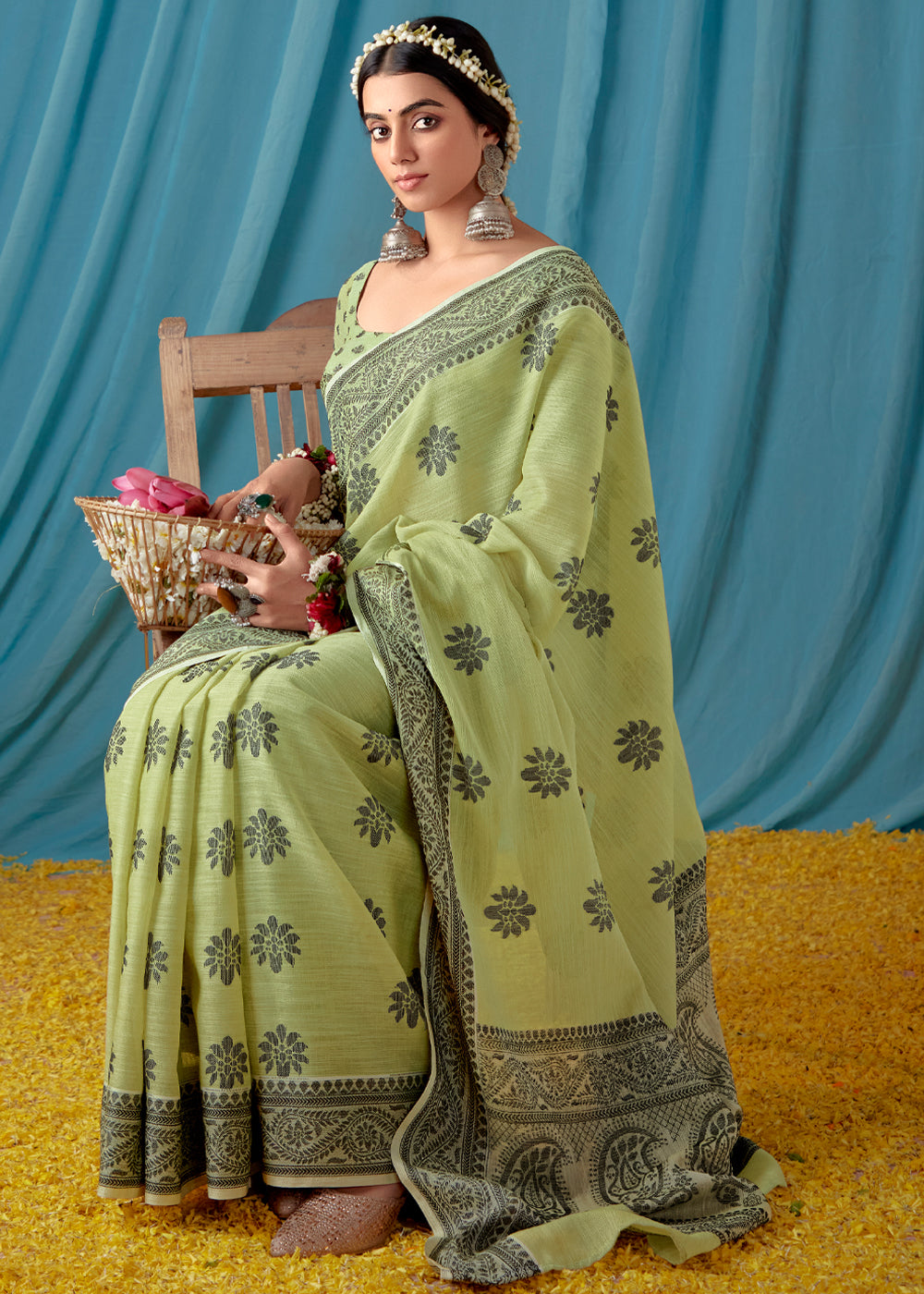 Barley Corn Green Woven Banarasi Linen Silk Saree