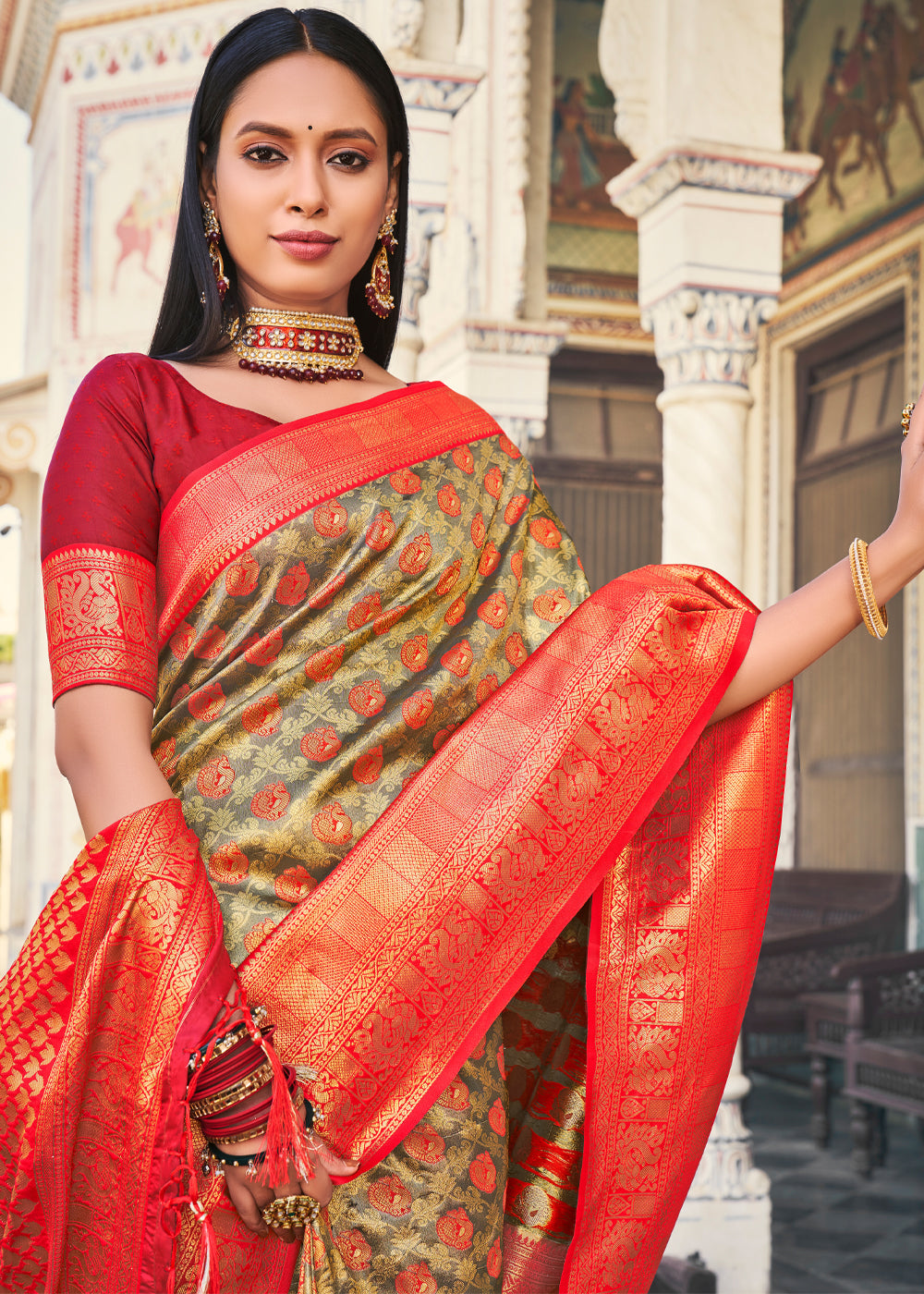 Brandy Grey and Red Woven Kanjivaram Silk Saree