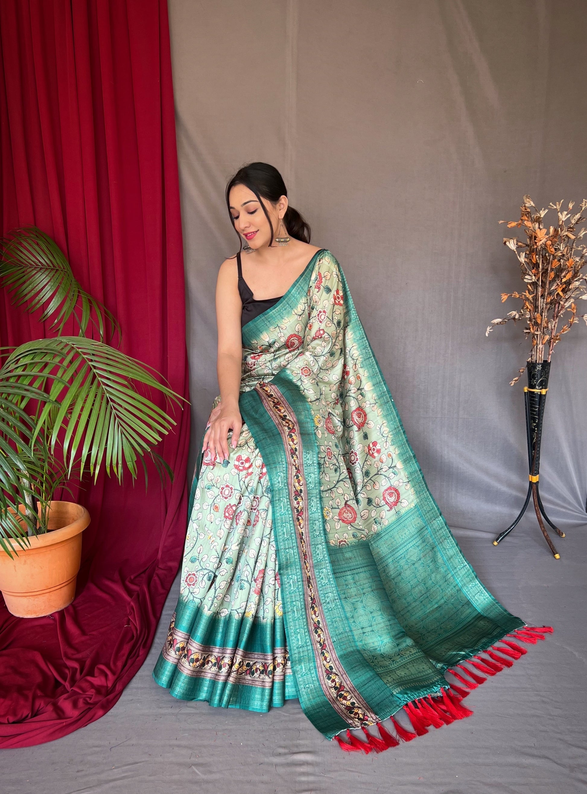 Acapulco Green Banarasi Kalamkari Printed Silk Saree