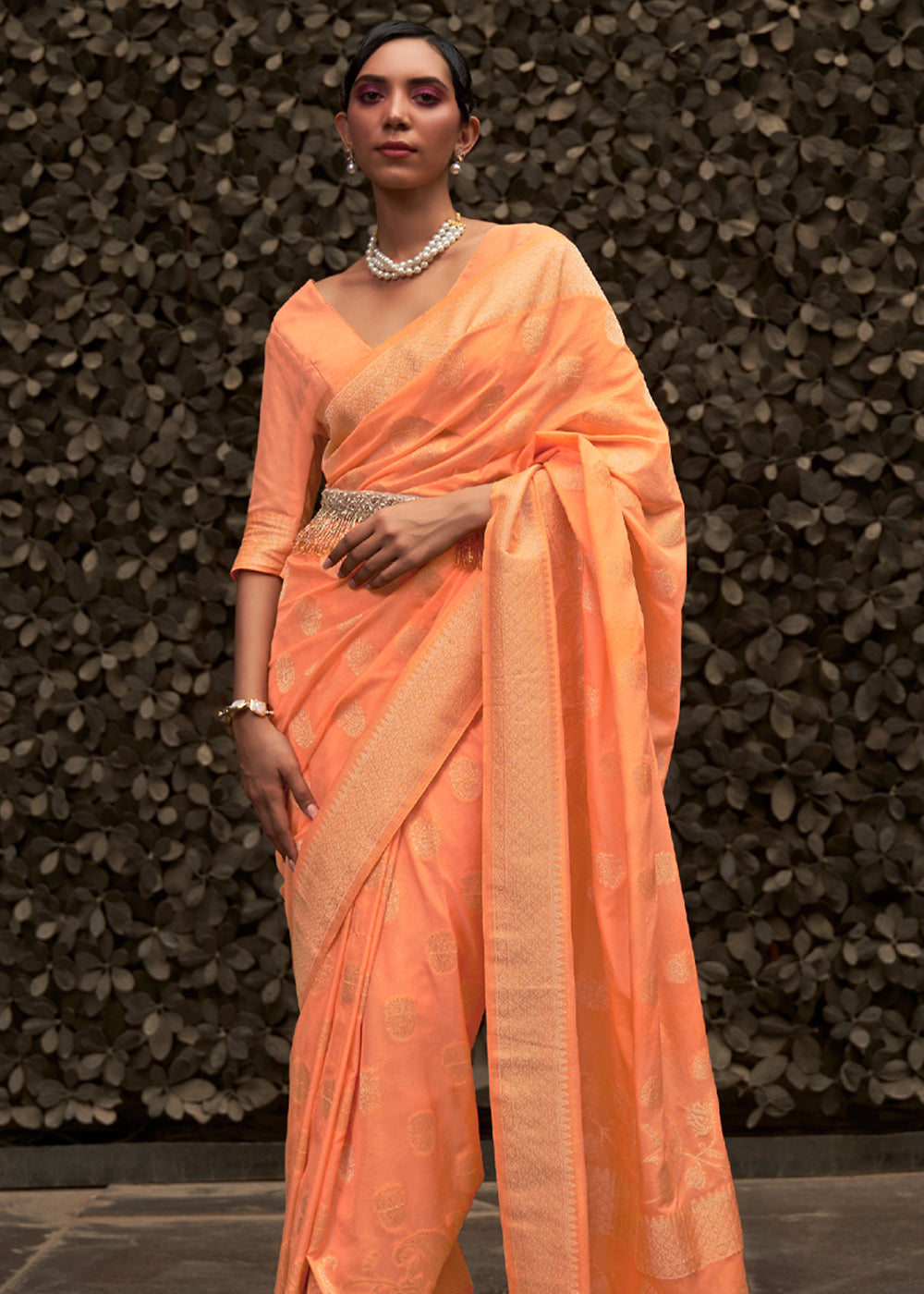 Atomic Orange Woven Banarasi Chiffon Saree