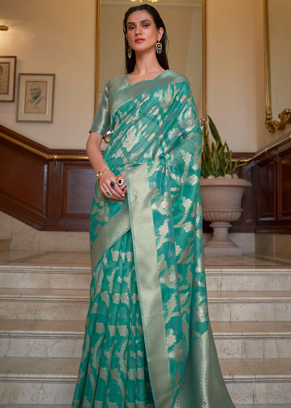 Eucalyptus Blue Woven Organza Banarasi Silk Saree