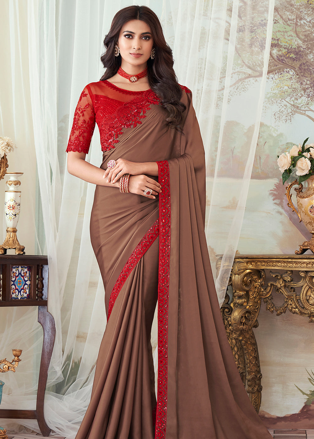 Leather Brown Designer Embroidered Satin Silk Saree