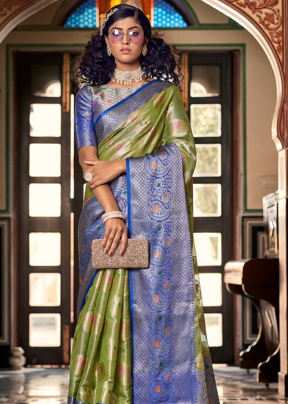 Crete Green and Blue Woven Banarasi Organza Silk Saree