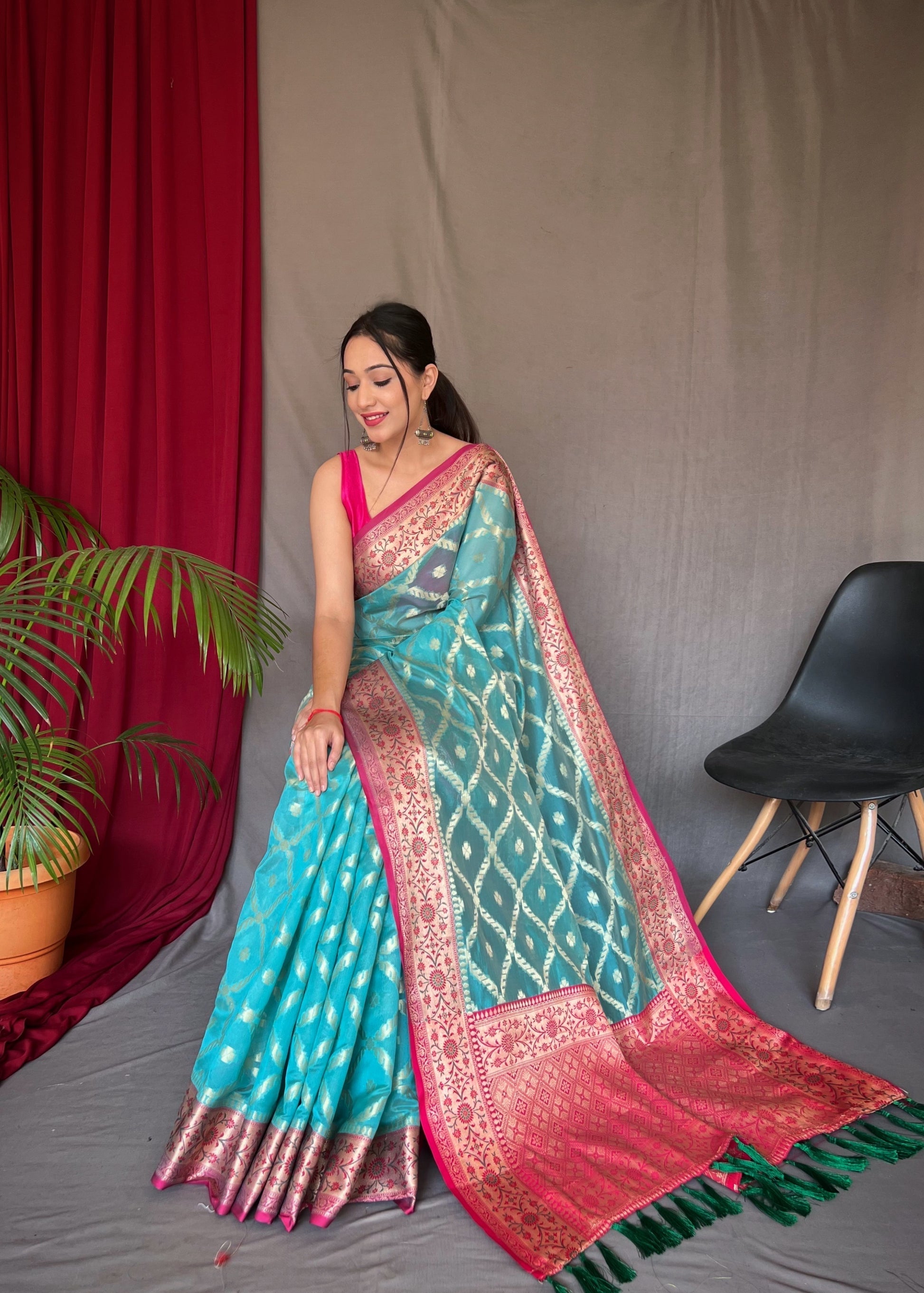 Cruise Blue Woven Banarasi Organza Silk Saree