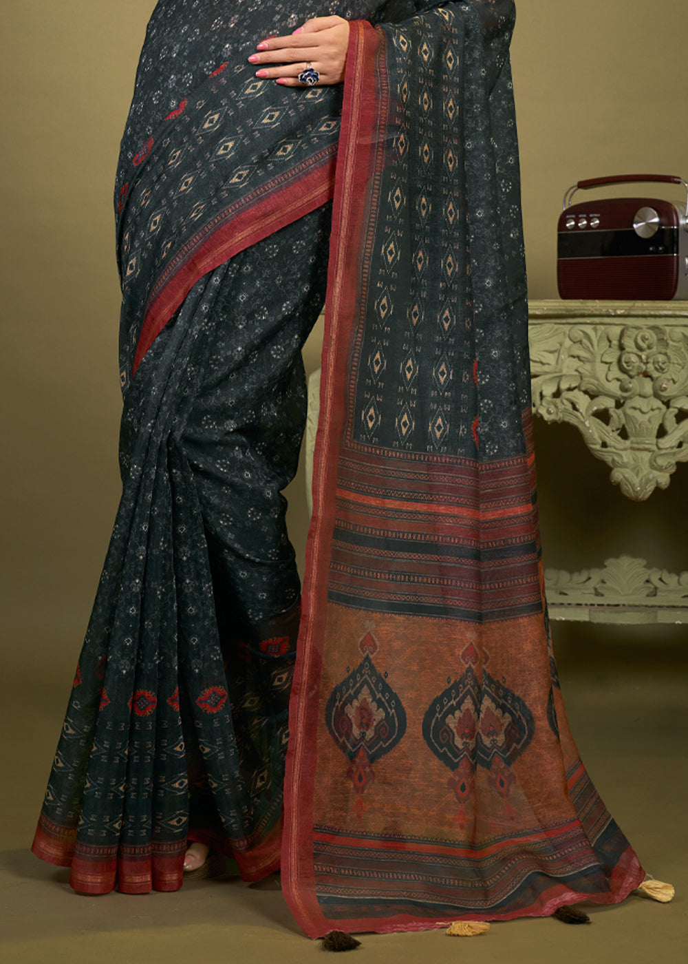 Heavy Metal Black Cotton Patola Printed Silk Saree