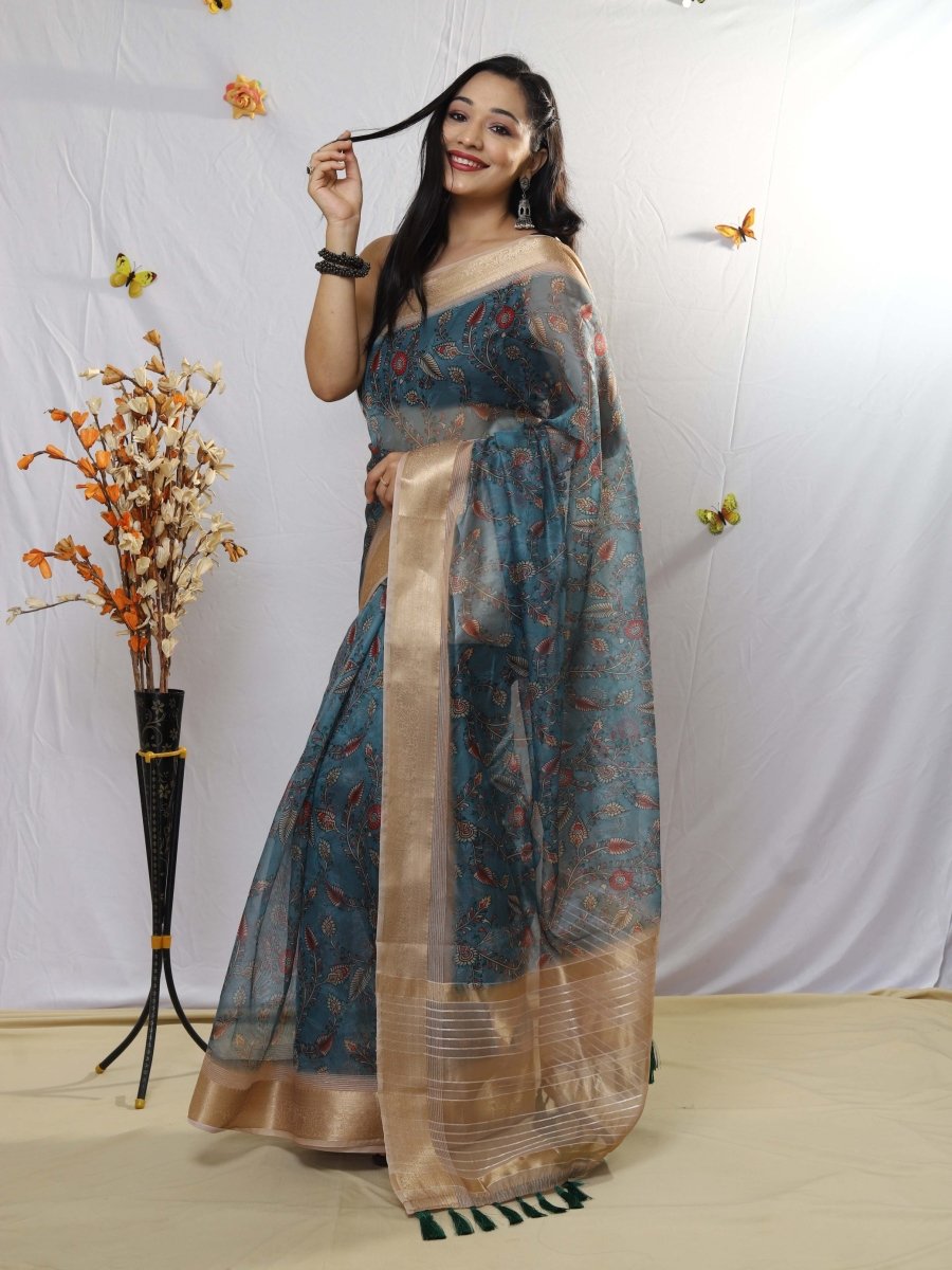 Casper Blue Organza Kalamkari Printed with Sequins Jacquard Woven Saree