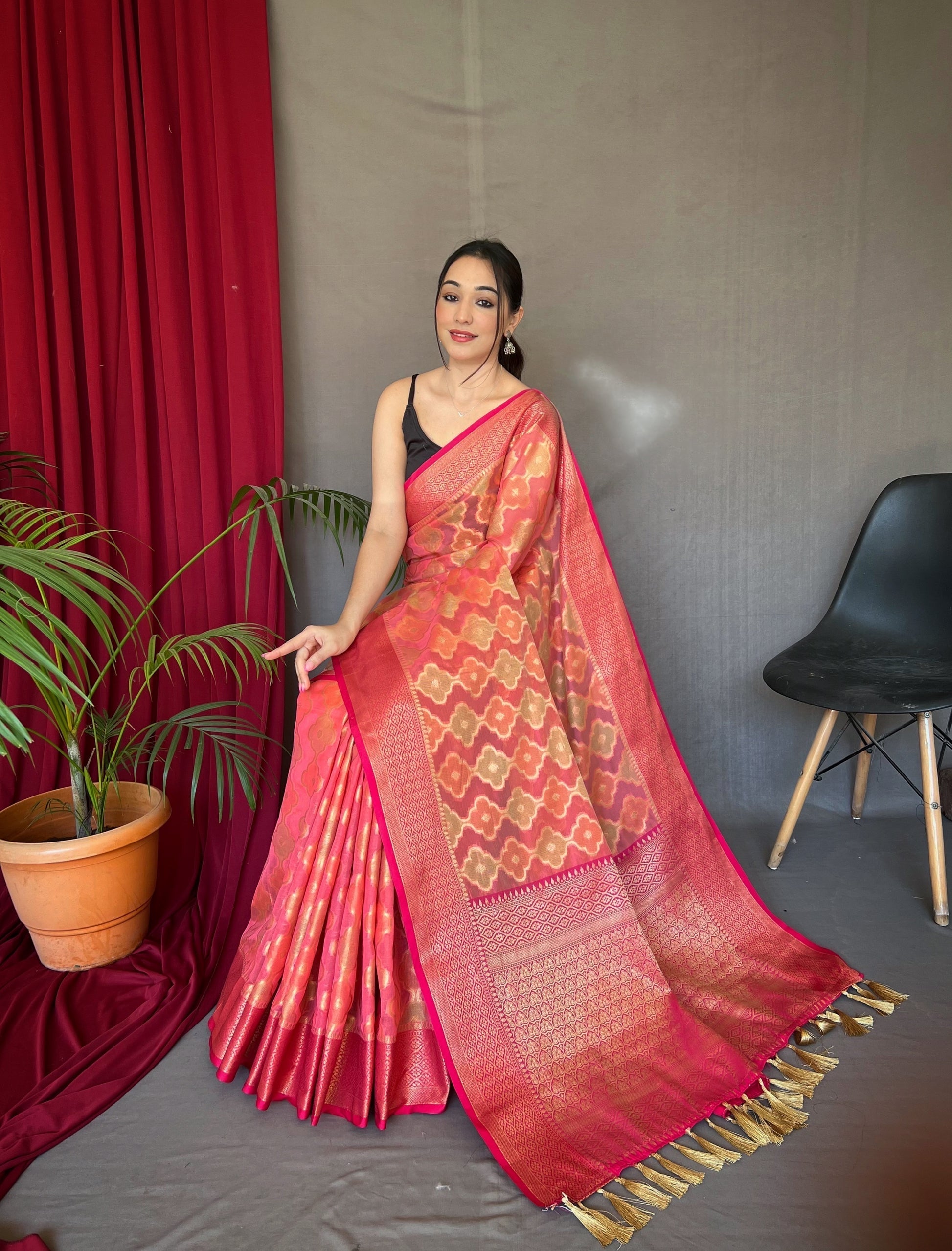 Geraldine Pink Woven Organza Silk Saree