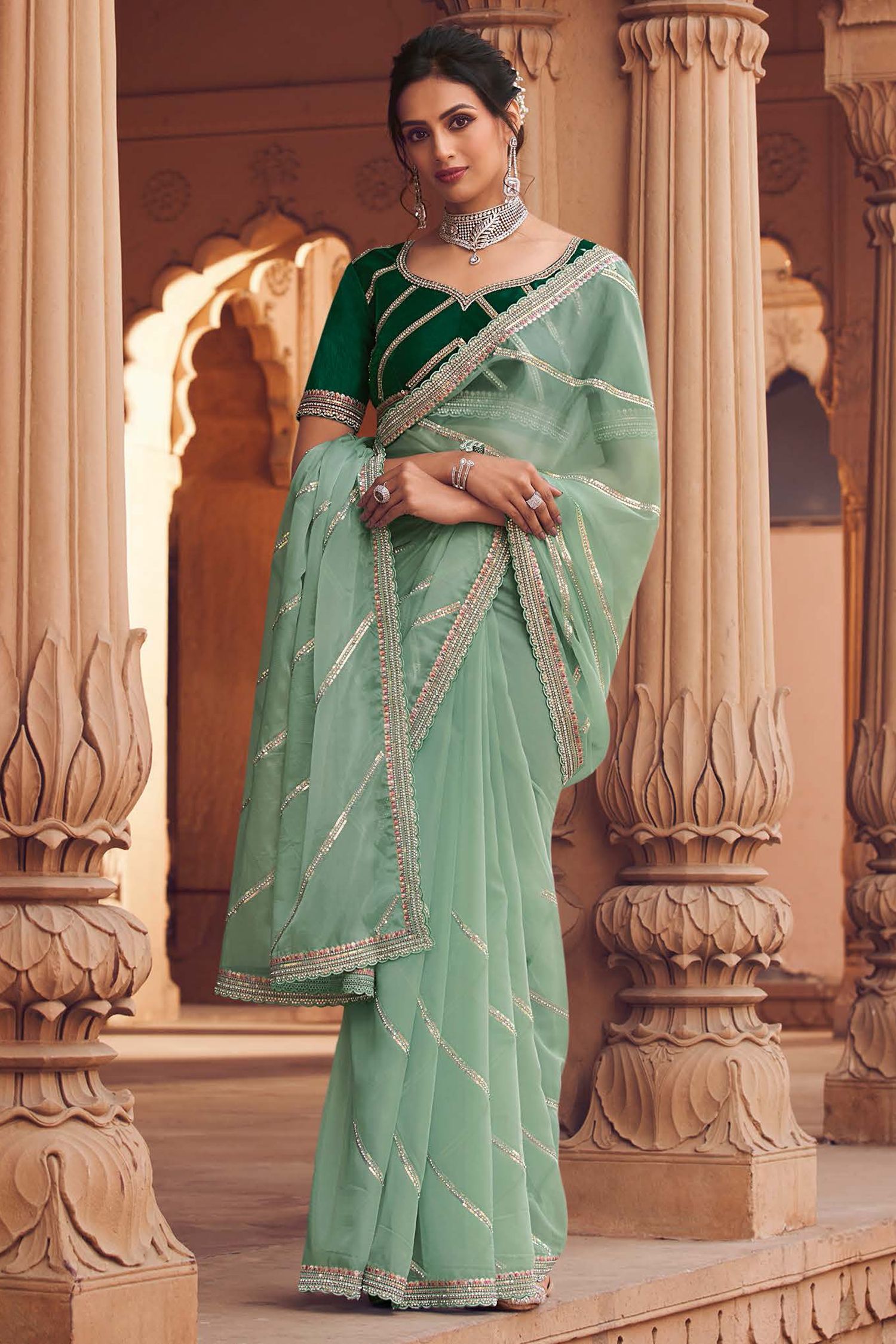 Summer Green Organza Silk with Embroidered Designer Saree