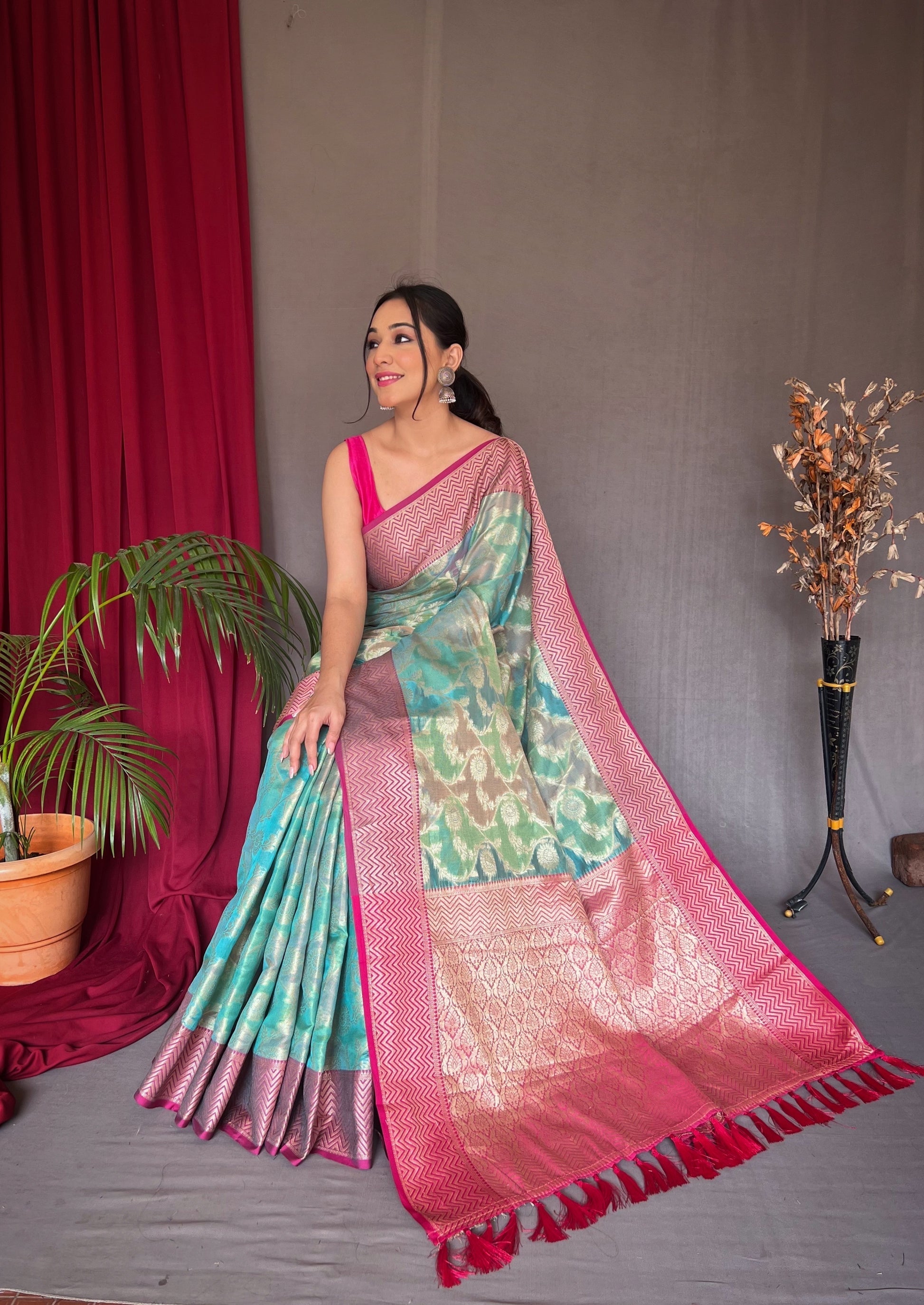 Steel Teal Blue Woven Organza Silk Saree