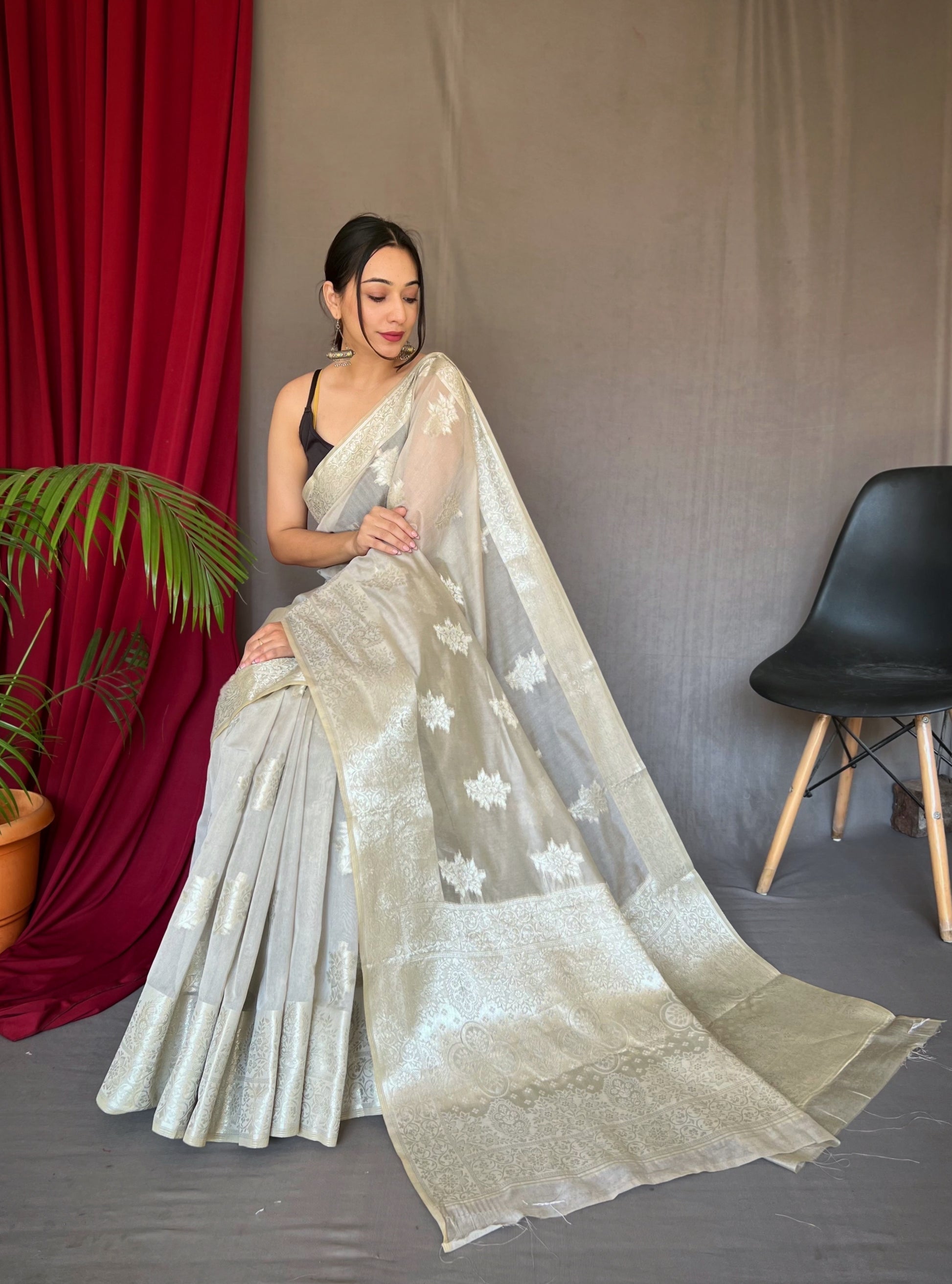 Grey Olive Gold Woven Cotton Saree