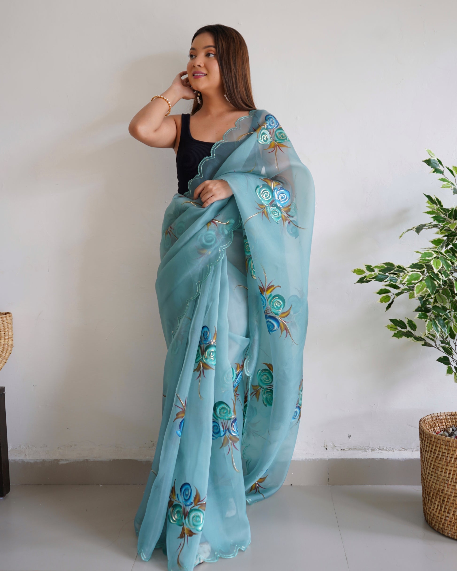 Glacie Blue Organza Printed Floral Saree