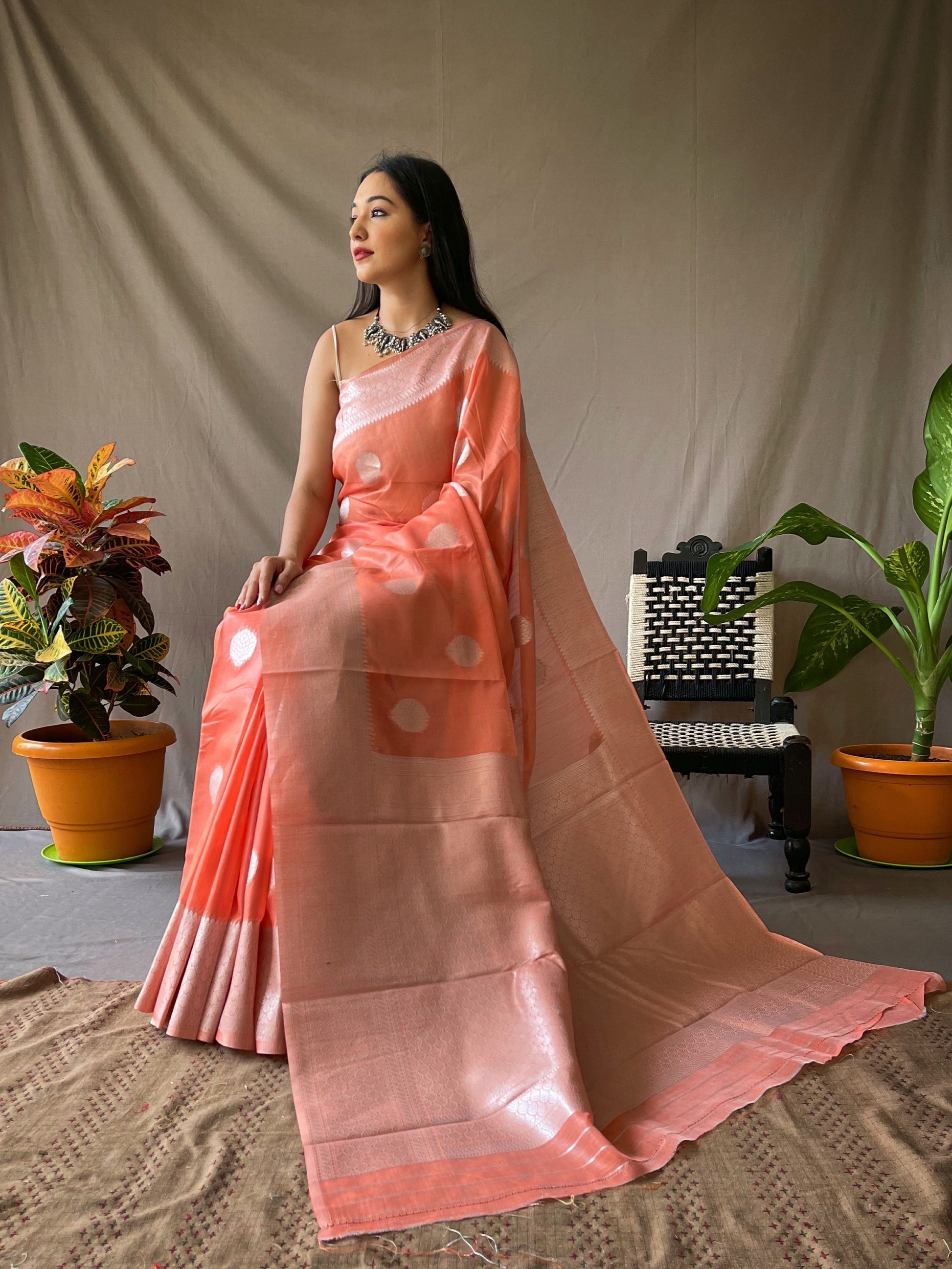 Rose Bud Peach Linen Silver Zari Woven Saree