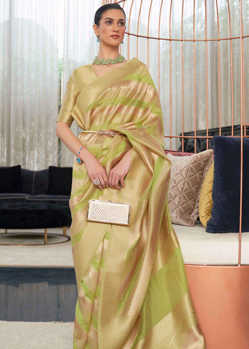 Husk Green Woven Organza Banarasi Silk Saree