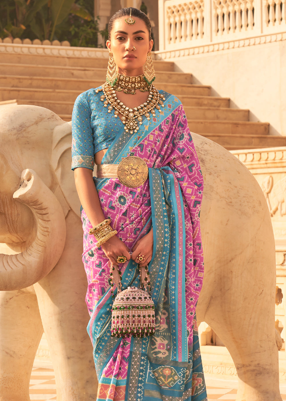 Ruby Purple and Blue Woven Patola Silk Saree