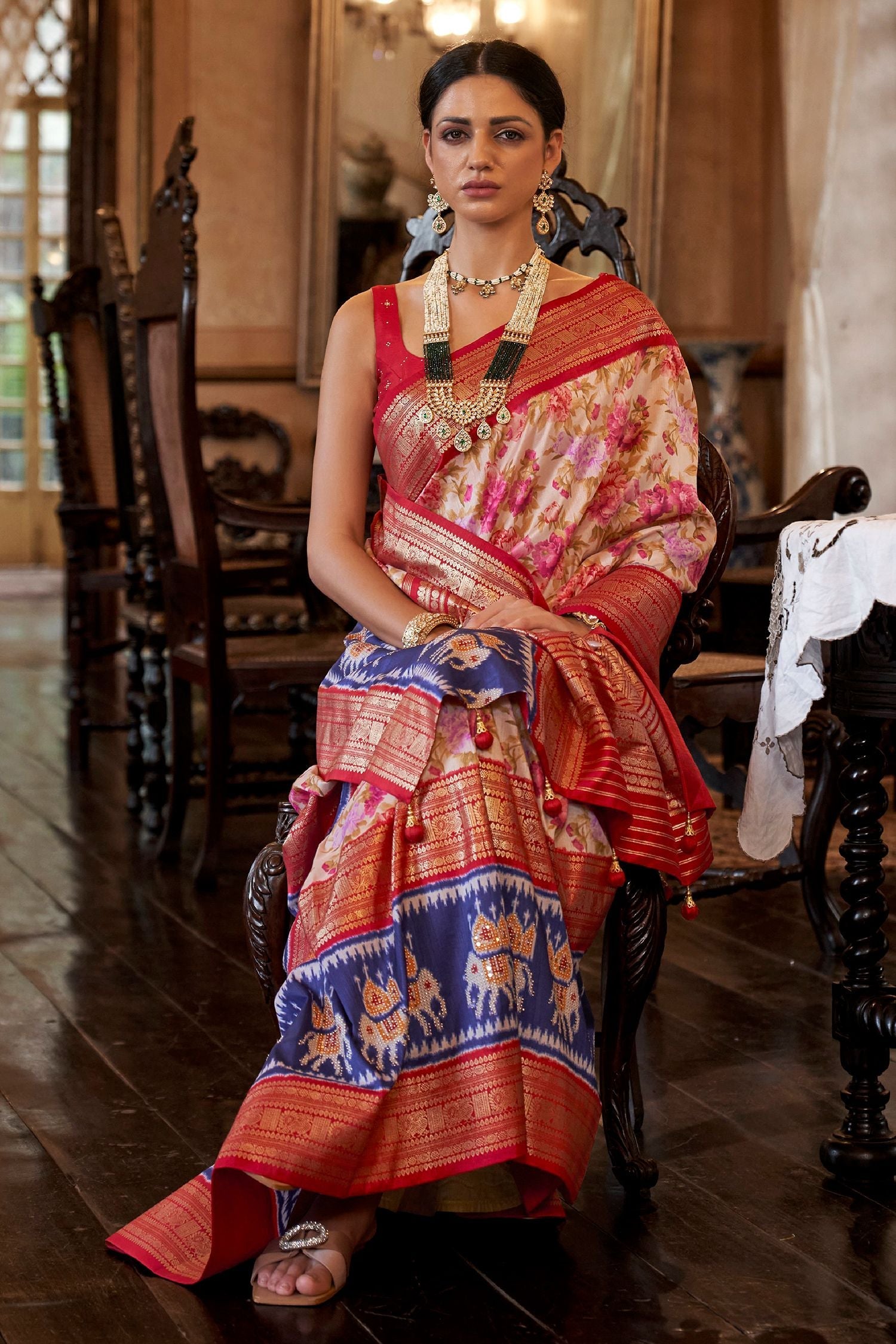 Brandy Cream and Pink Printed Patola Silk Saree