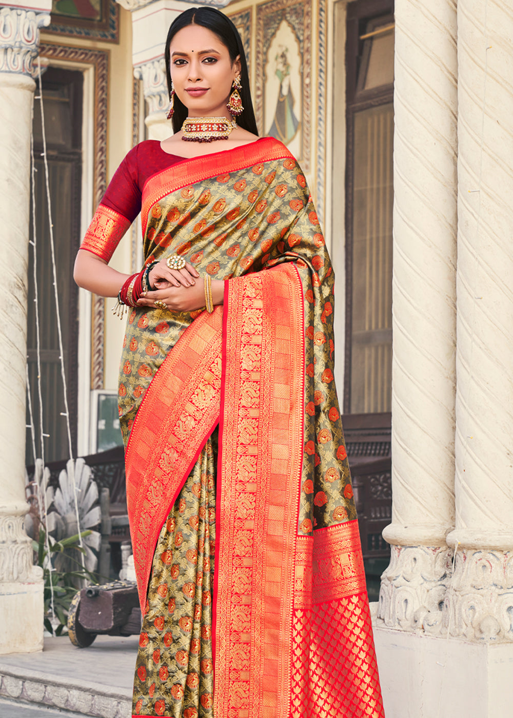 Brandy Grey and Red Woven Kanjivaram Silk Saree