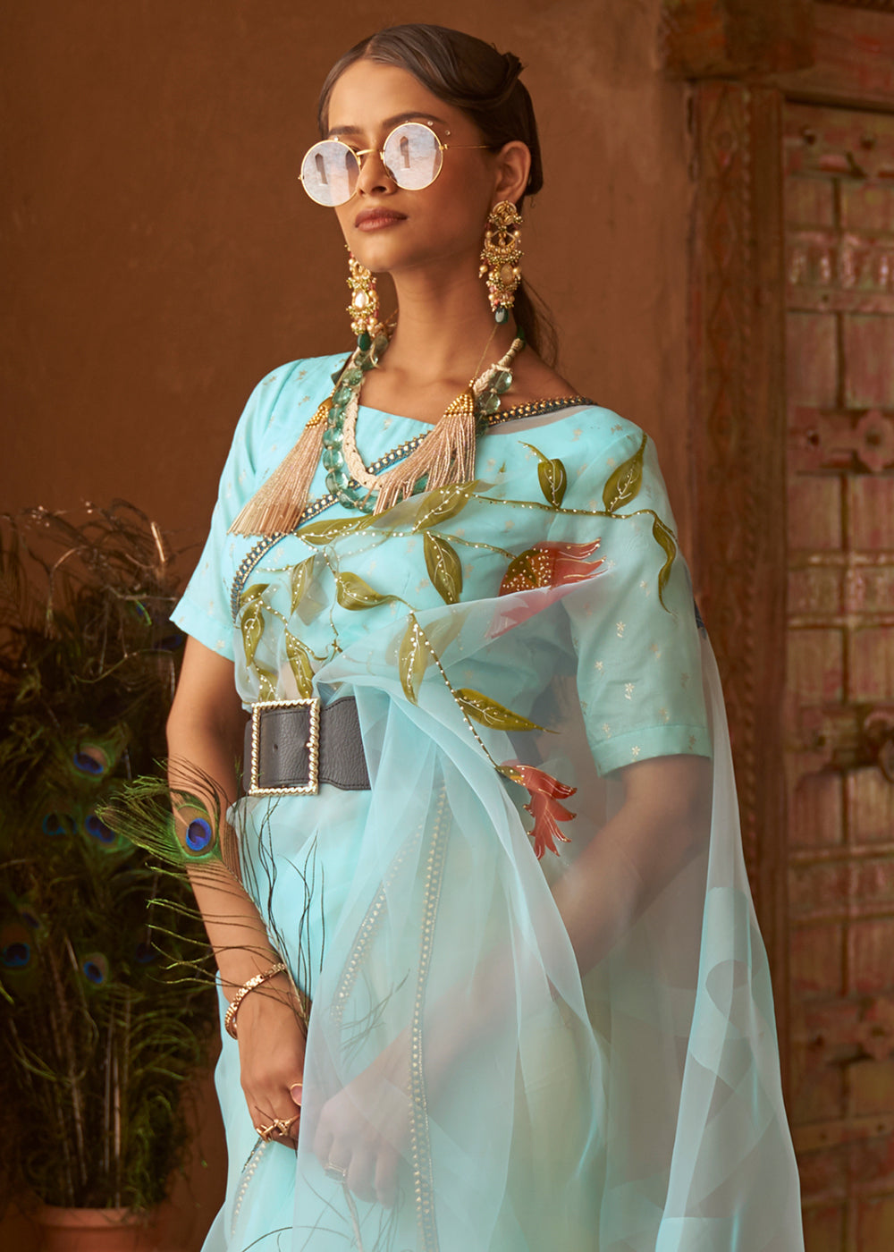 Jet Stream Blue Digital Print Organza Saree