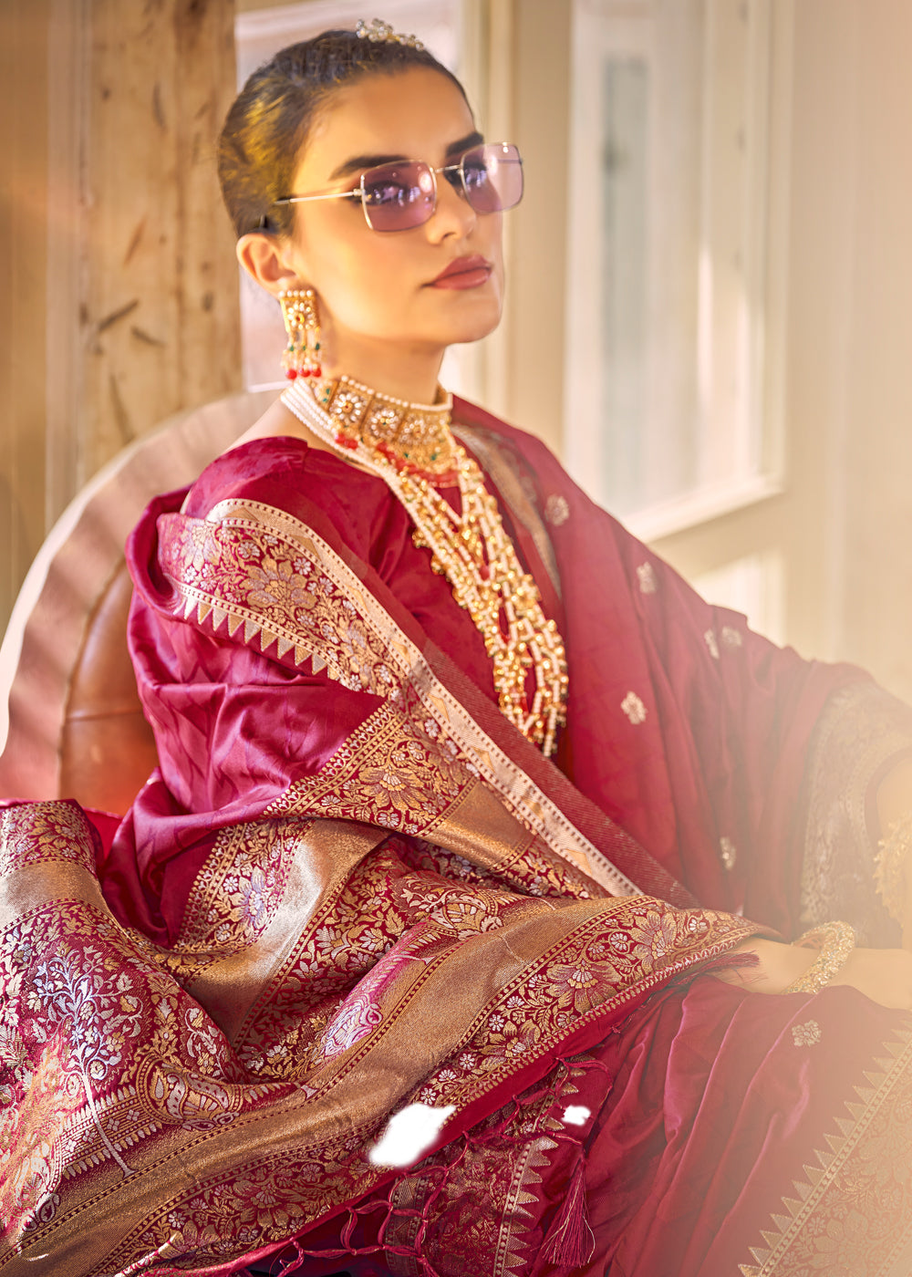 Claret Maroon Woven Banarasi Satin Silk Saree