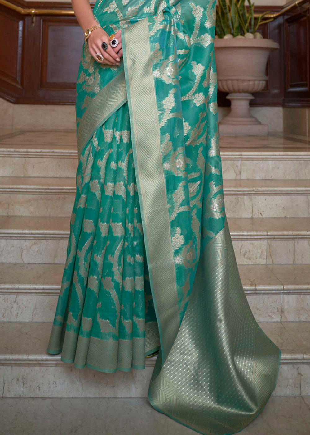 Eucalyptus Blue Woven Organza Banarasi Silk Saree