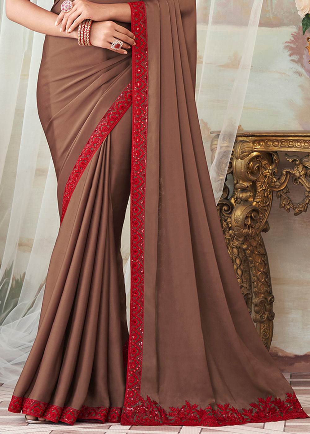 Leather Brown Designer Embroidered Satin Silk Saree